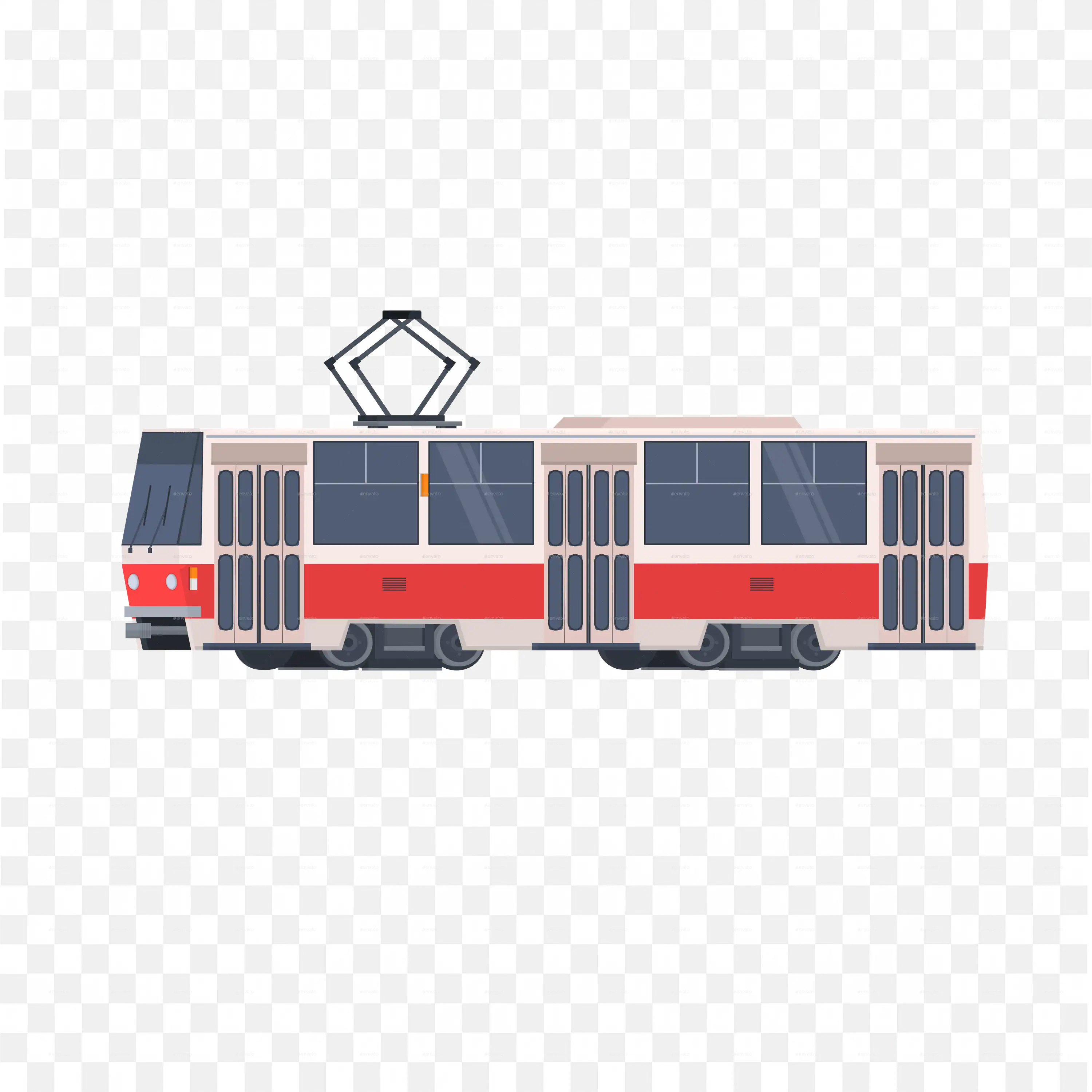 Side View Image Of A Red and White Trolleybus with Poles PNG