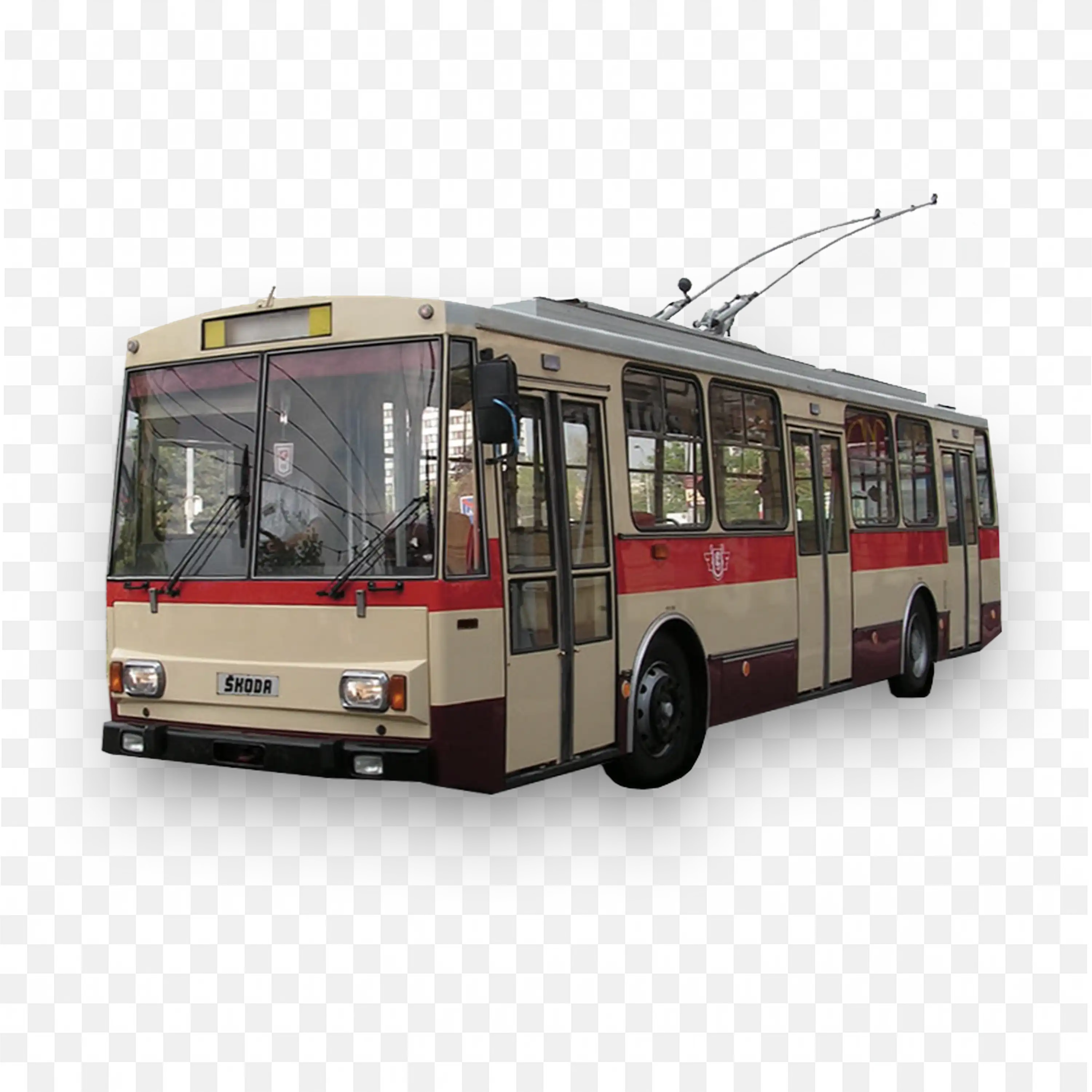 Side View Of Skoda 14Tr Trolleybus with Tan and Red Paint