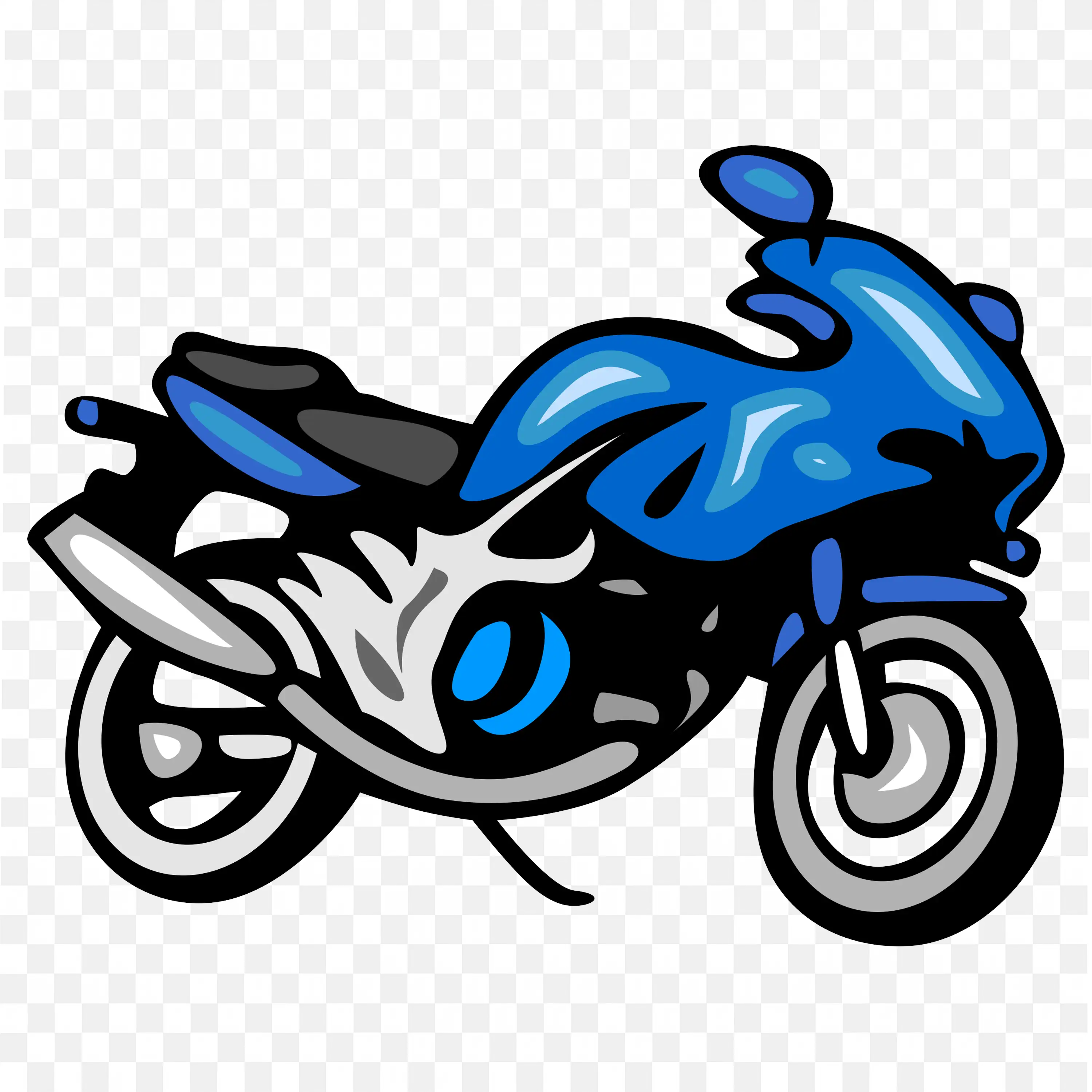 Sleek Blue Cartoon Sport Motorcycle With Gray Wheels PNG
