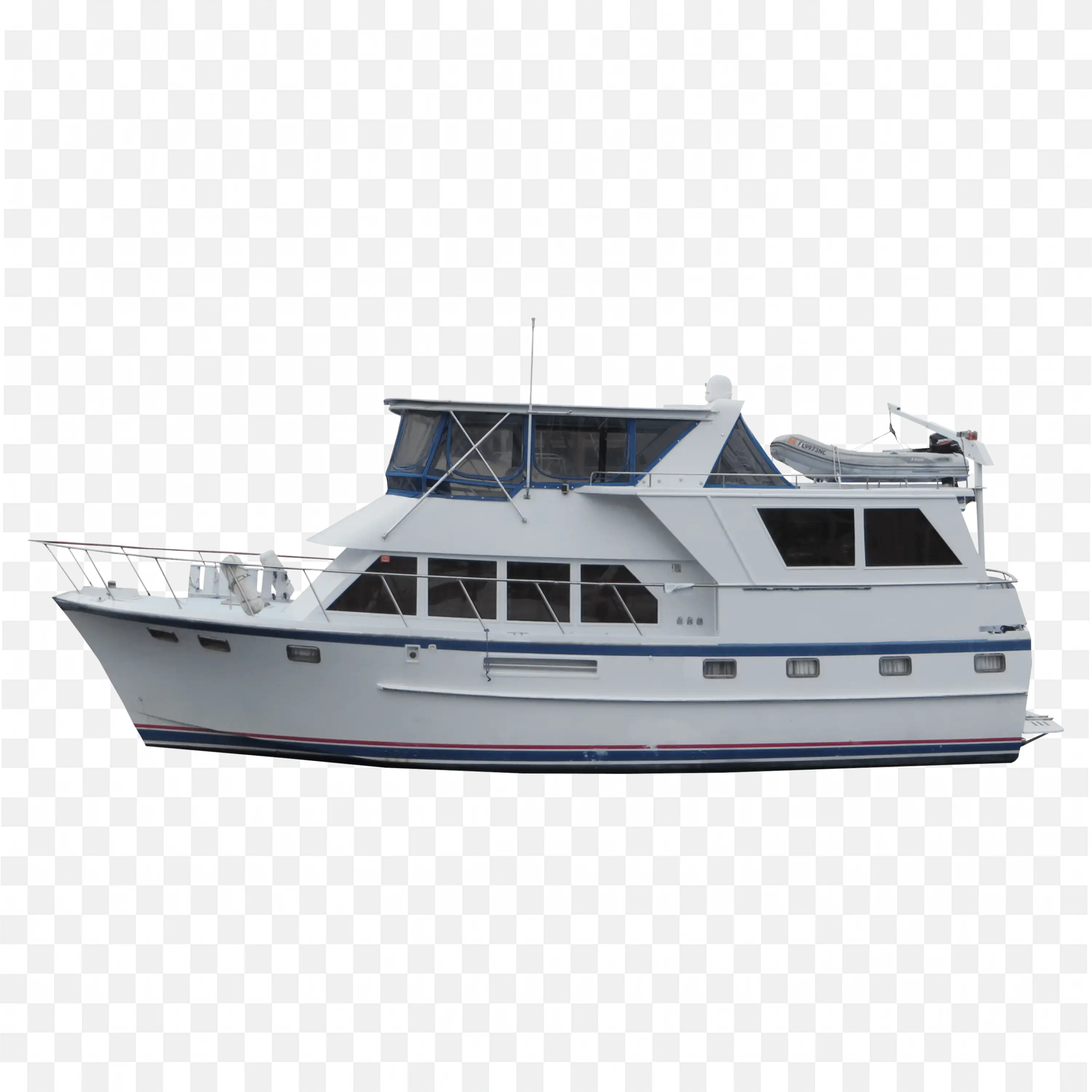 Small Motor Yacht with Blue Trim and Upper Deck PNG Download