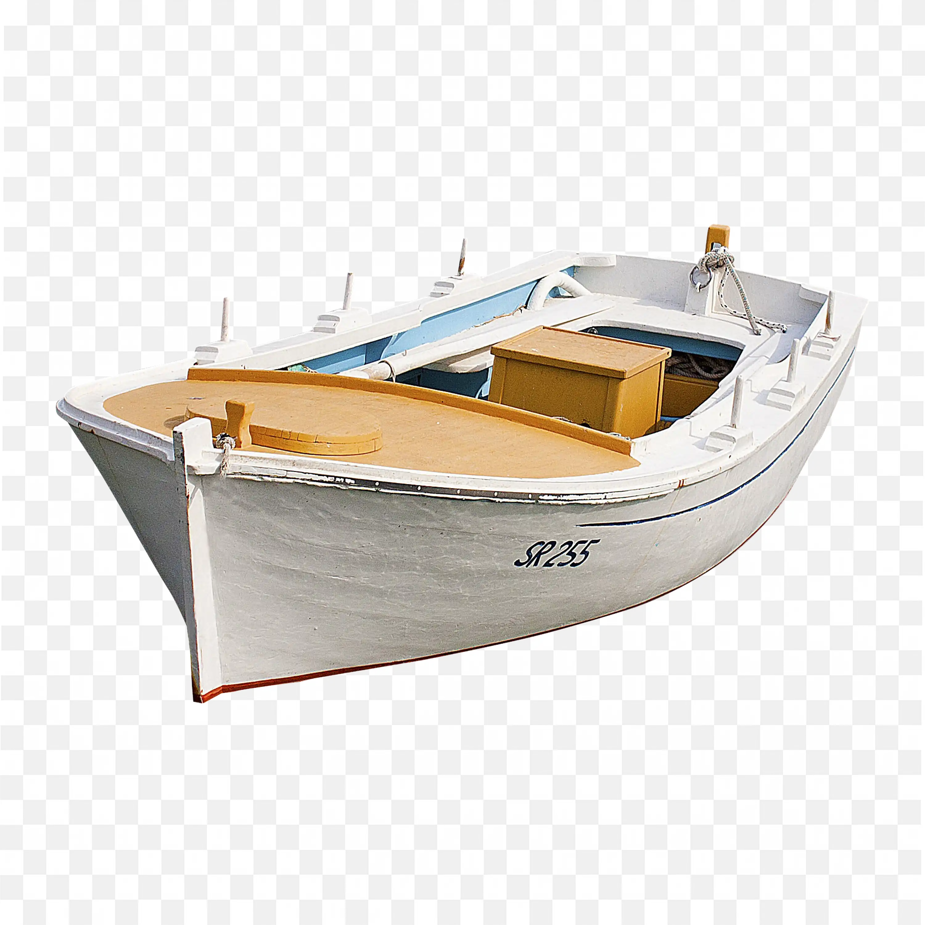 Small White and Brown Fishing Boat with Outboard Motor PNG