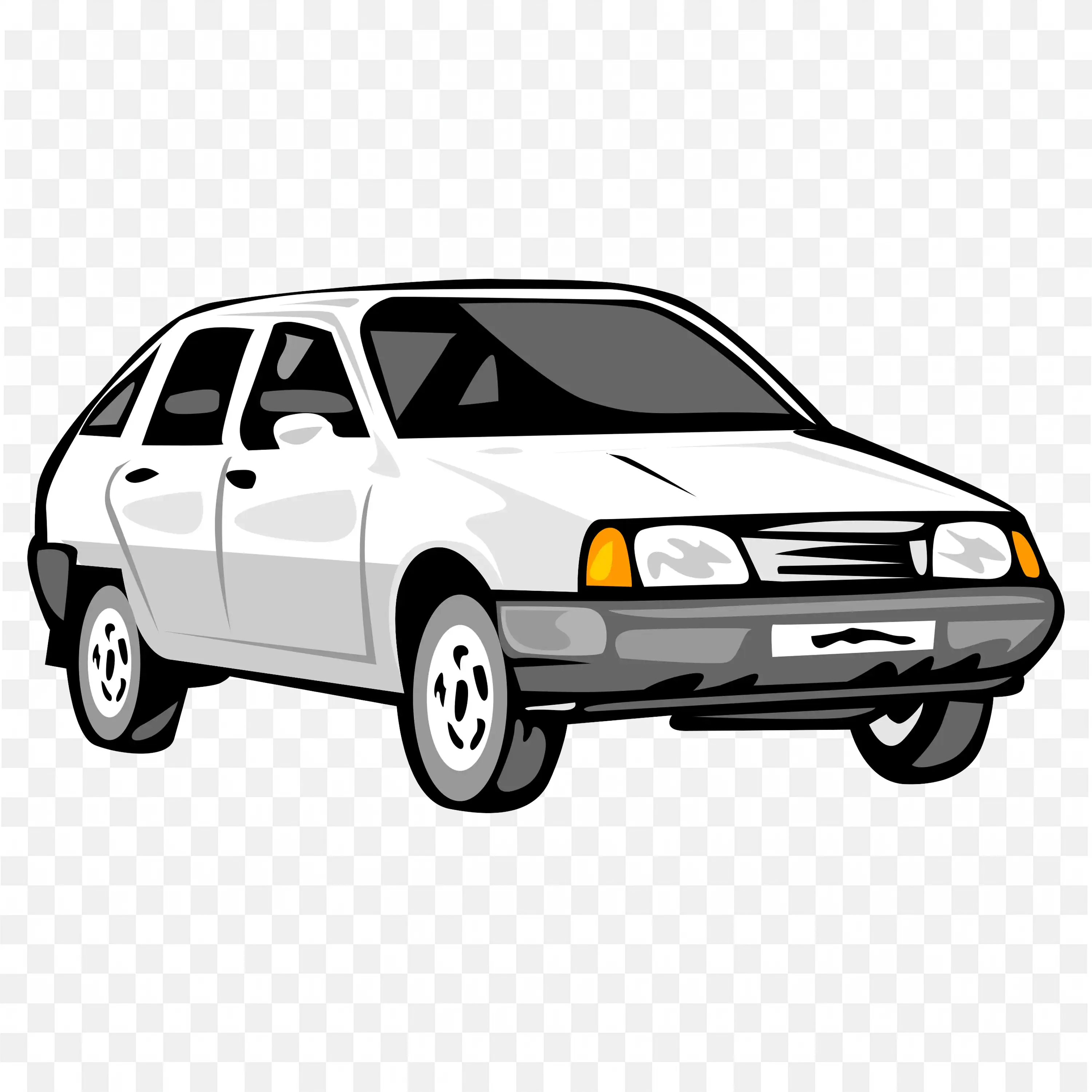White Cartoon Car Front Side View With Orange Lights PNG