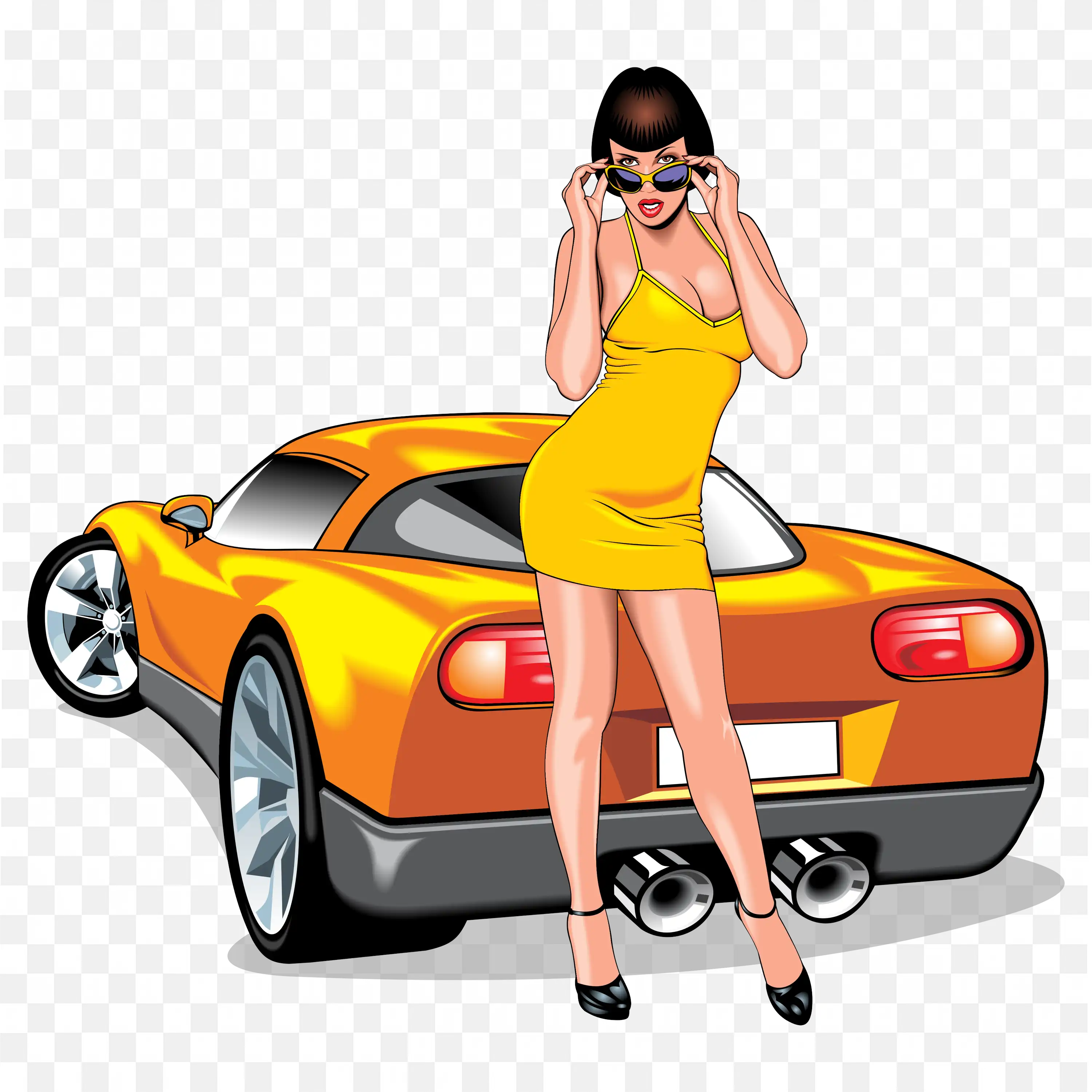 Woman Posing In Yellow Dress Near Orange Sports Car PNG