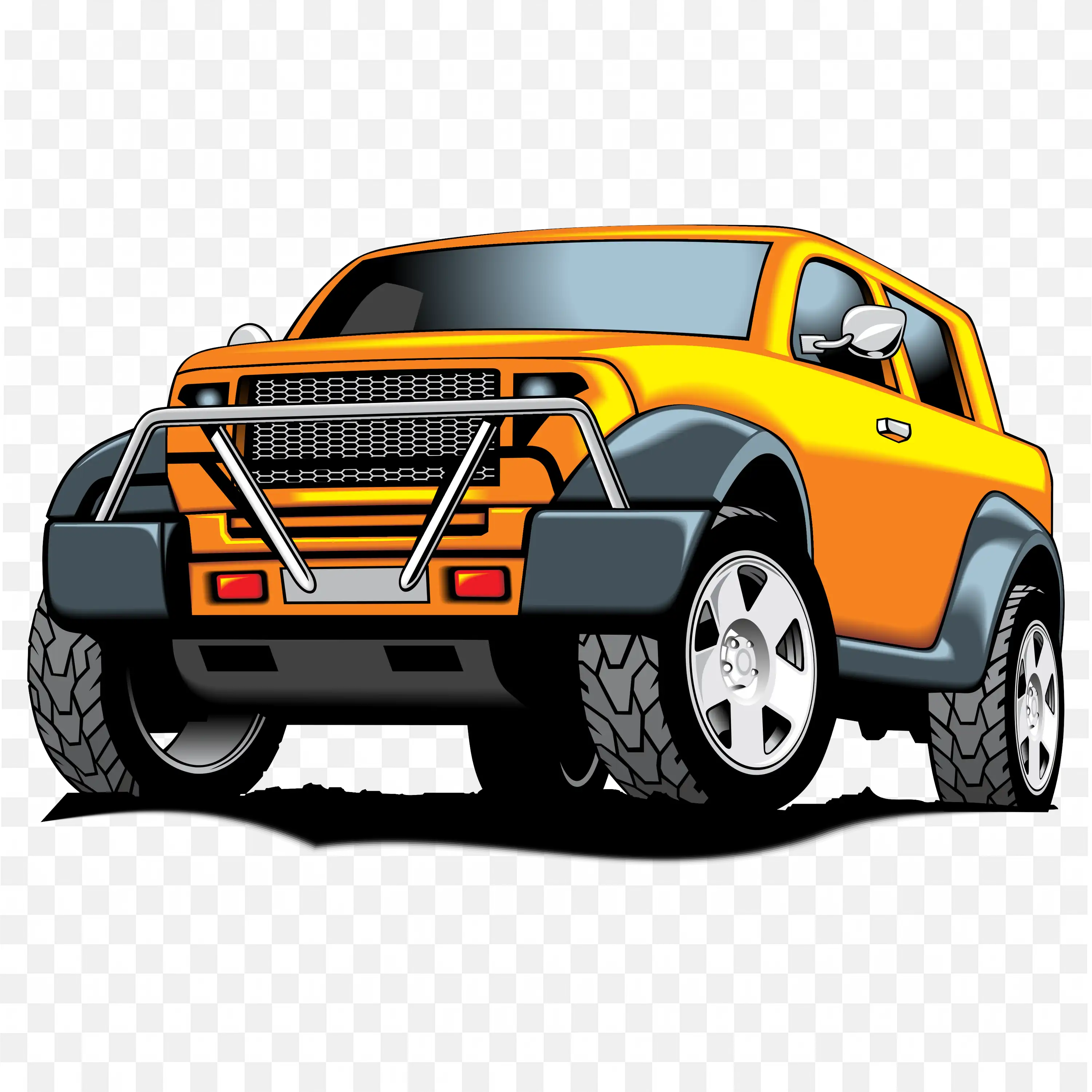 Yellow and Black Cartoon Jeep With Big Offroad Tires PNG