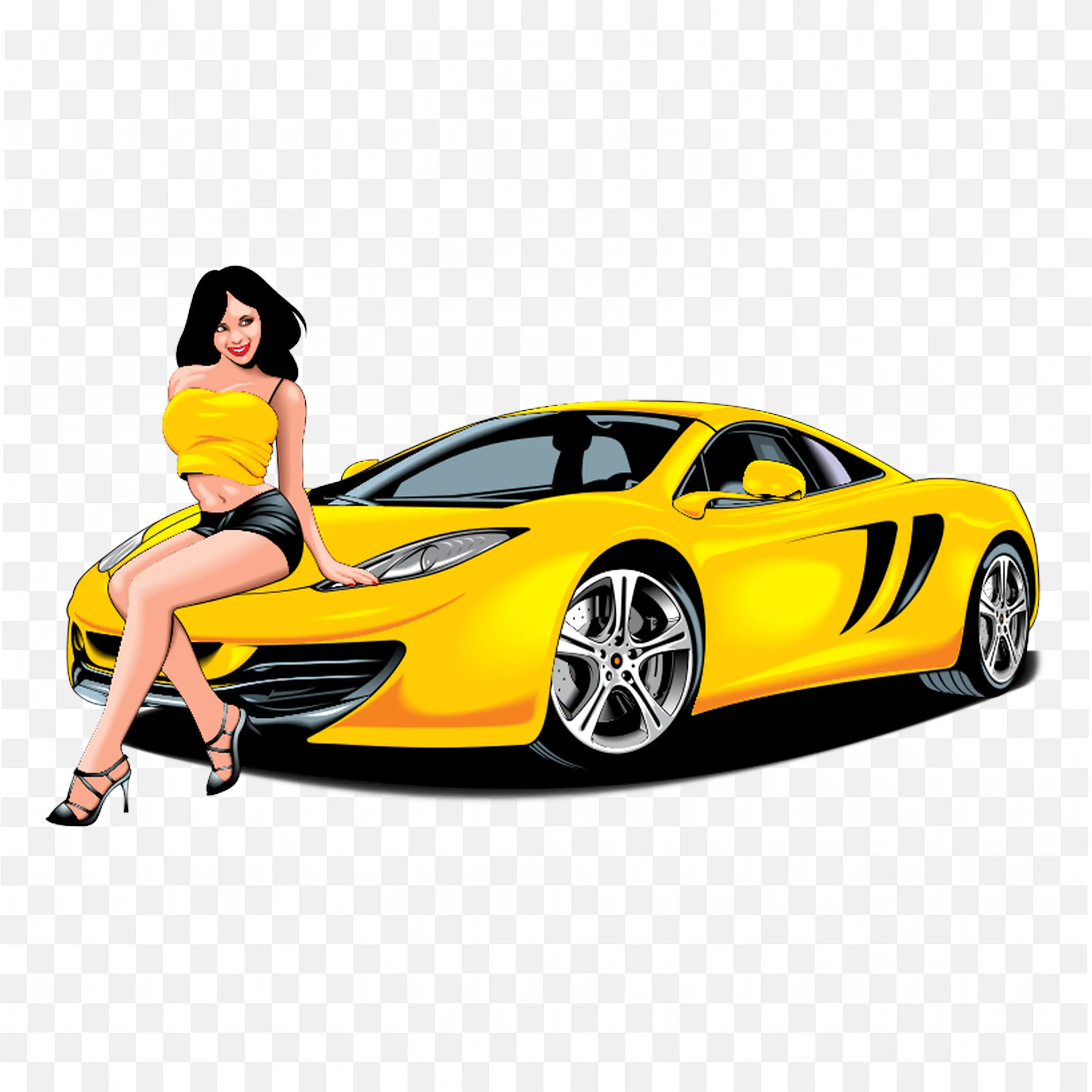 Yellow Sports Car With Cartoon Girl Sitting on the Front