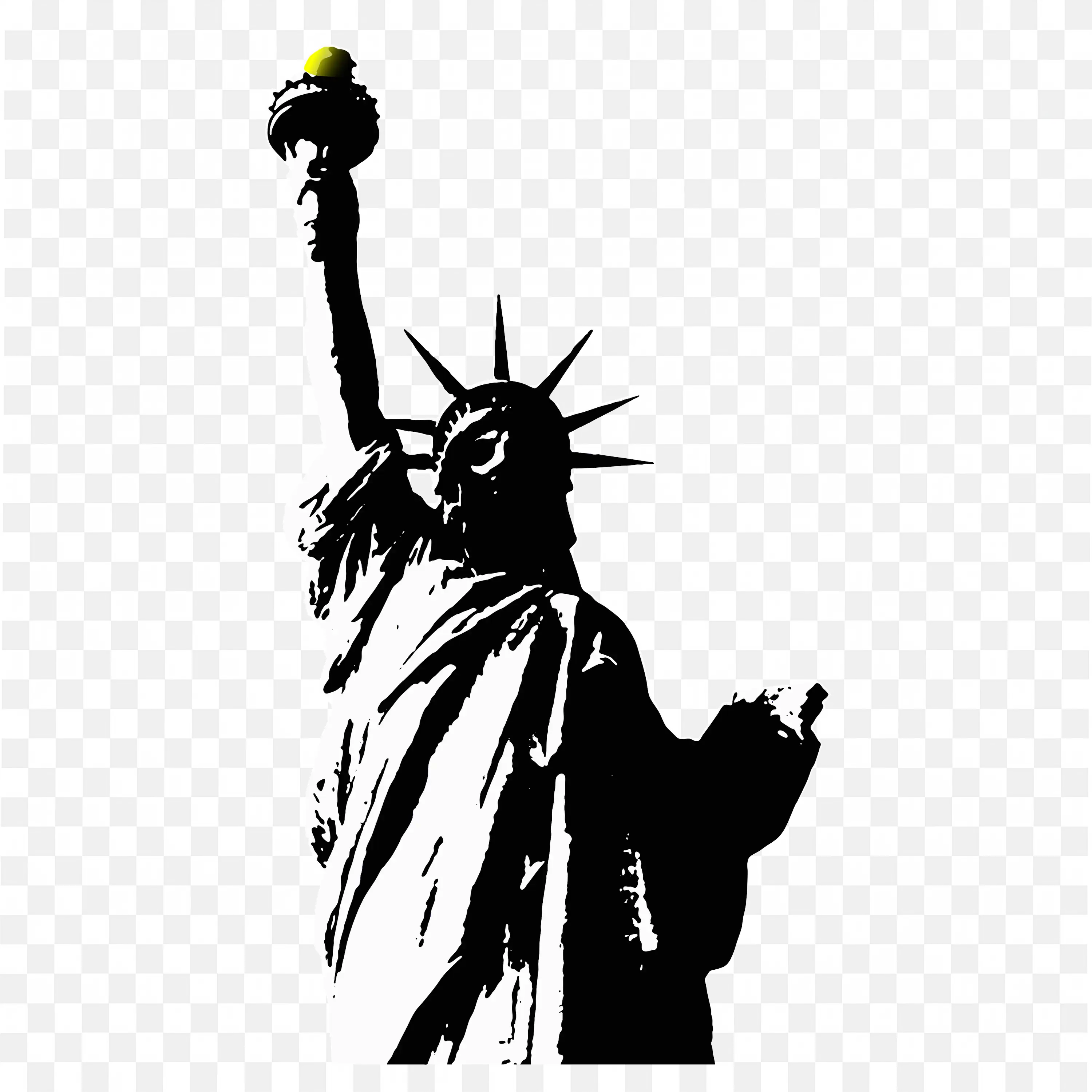Black and White Liberty Statue With Yellow Torch Flame PNG