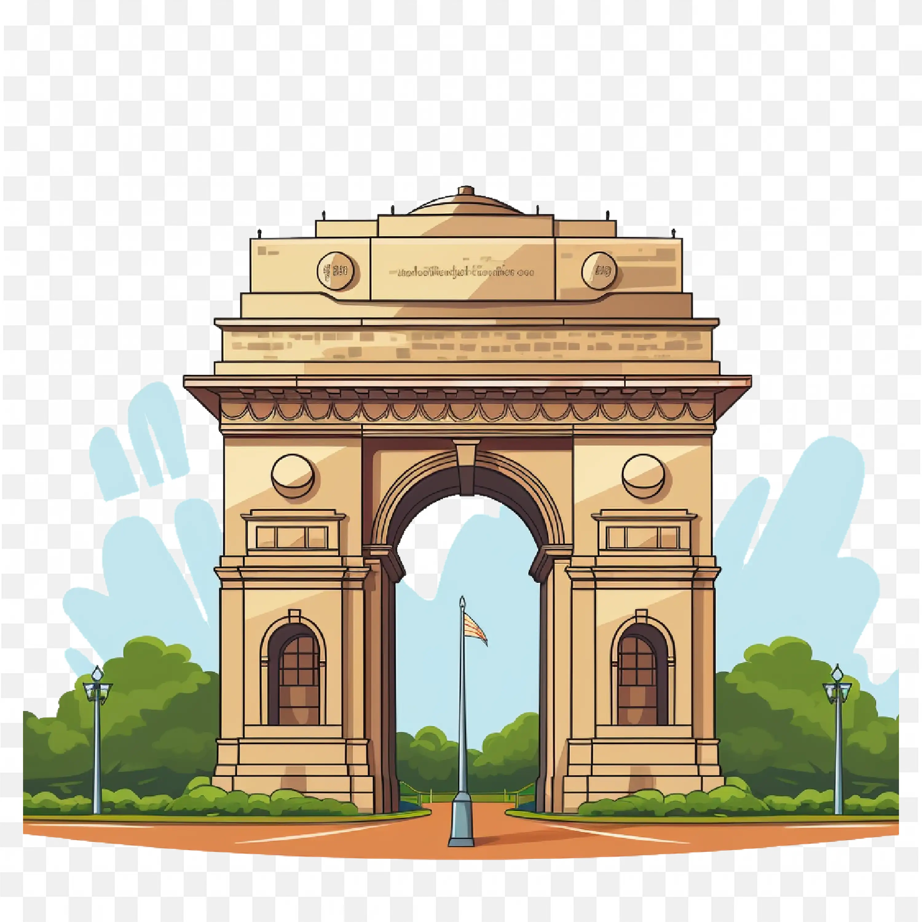 Cartoon Image of India Gate With Vibrant Greenery PNG
