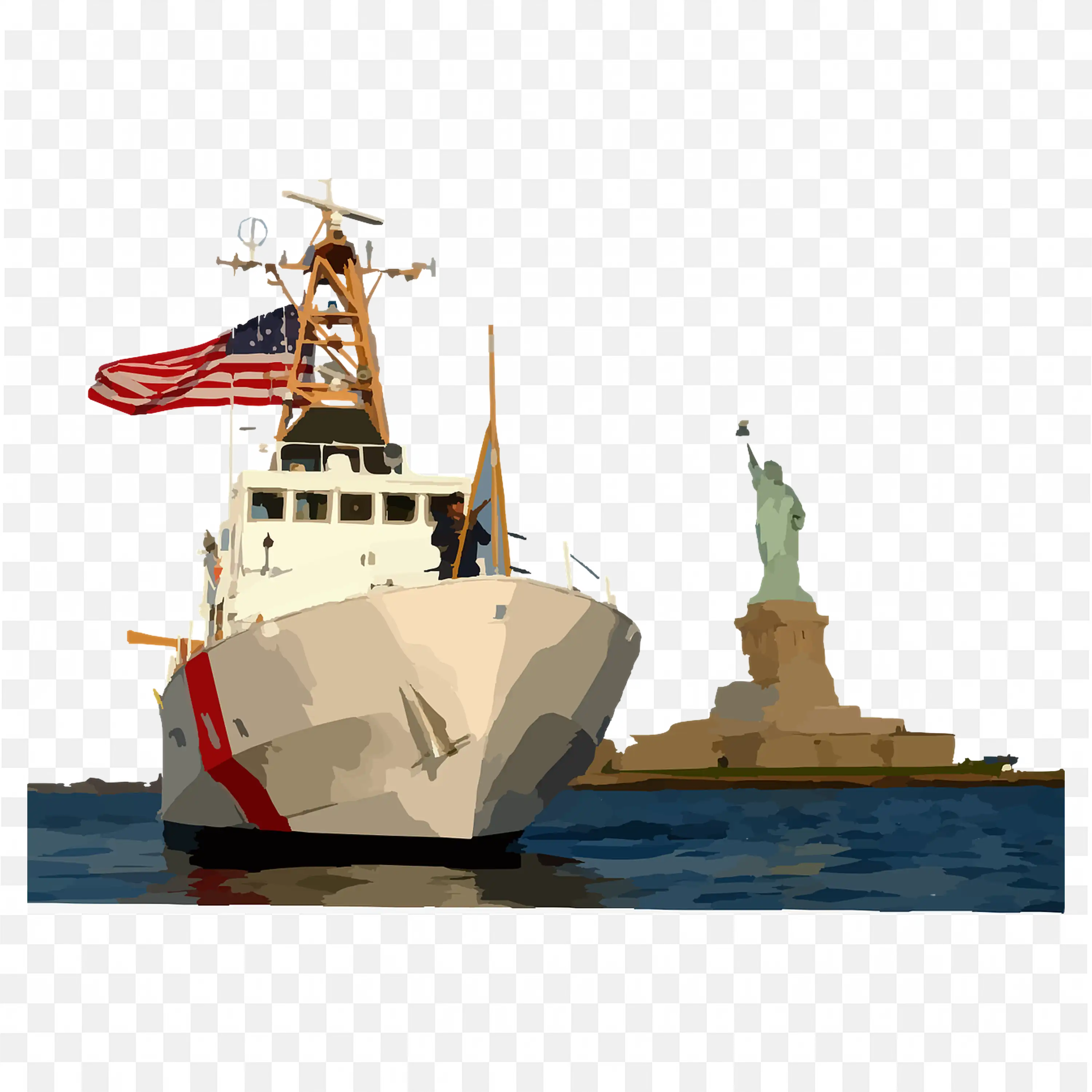 Coast Guard Ship Near the Statue of Liberty In Harbor Scene