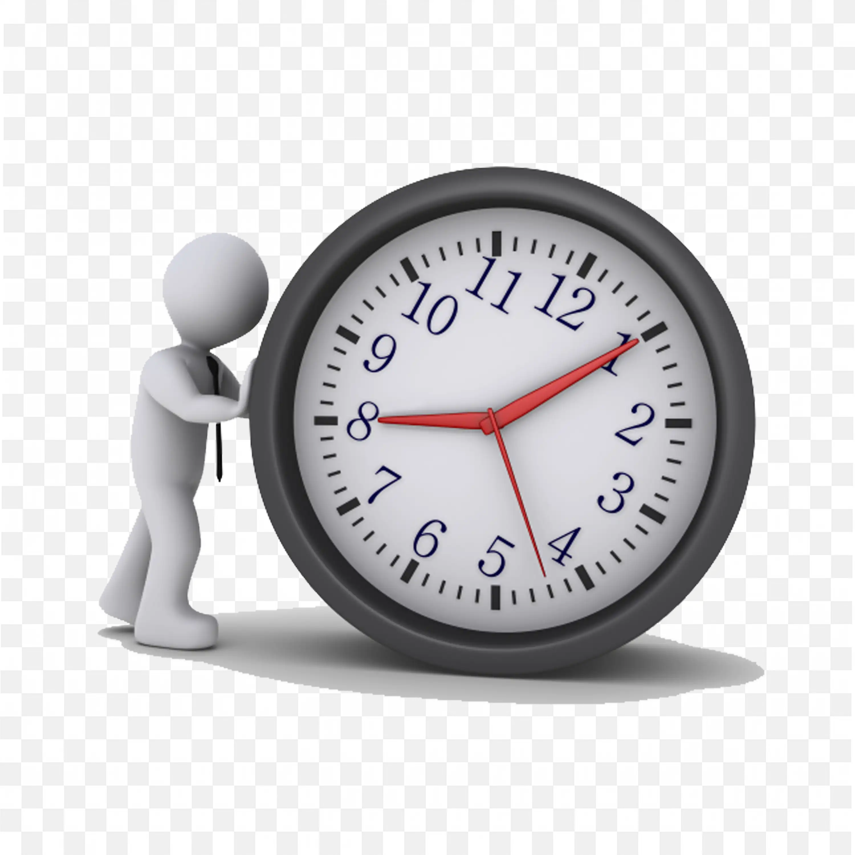 3D Figure Pushing a Large Wall Clock with Hands Free PNG