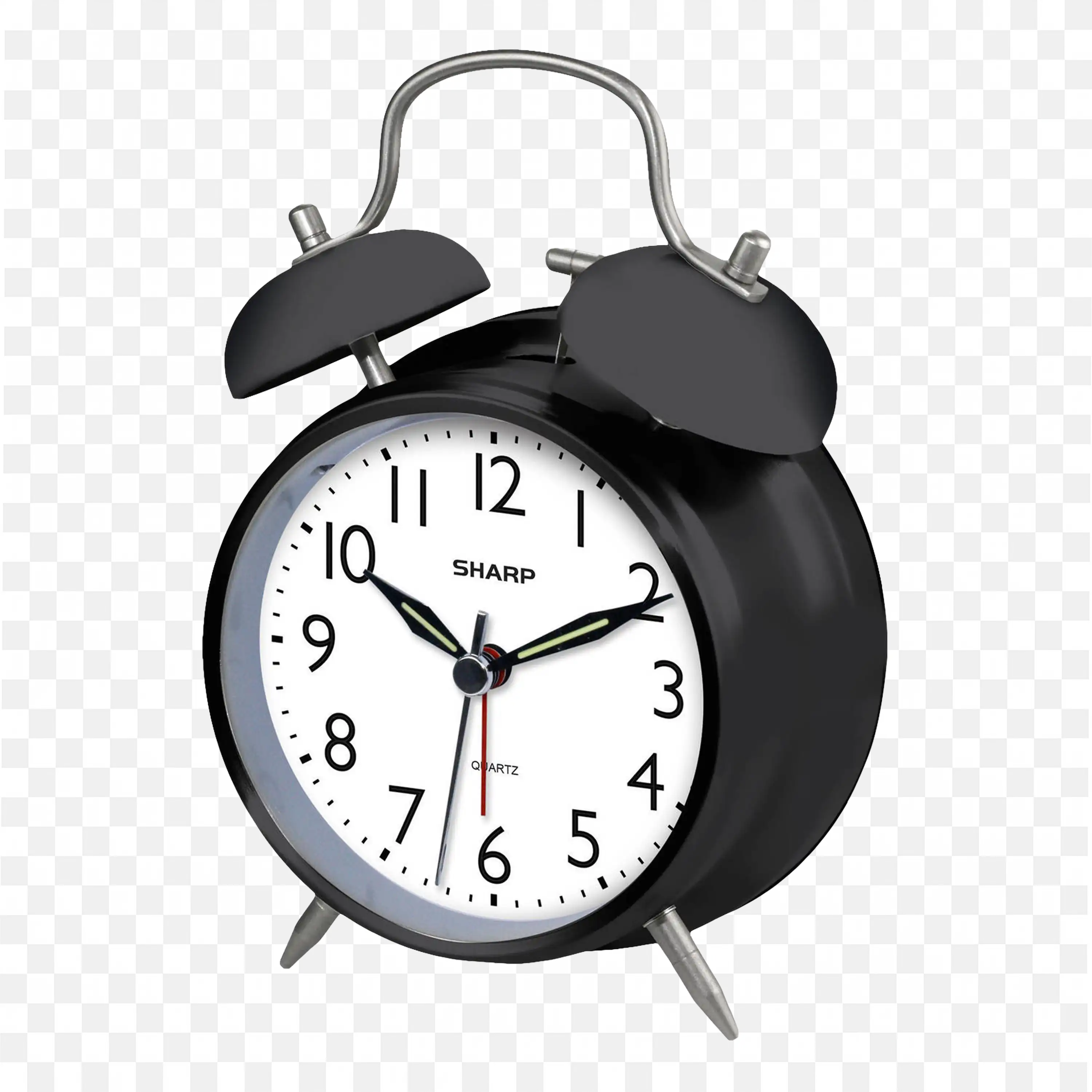 Black Alarm Clock Showing Time with Bells on Top PNG