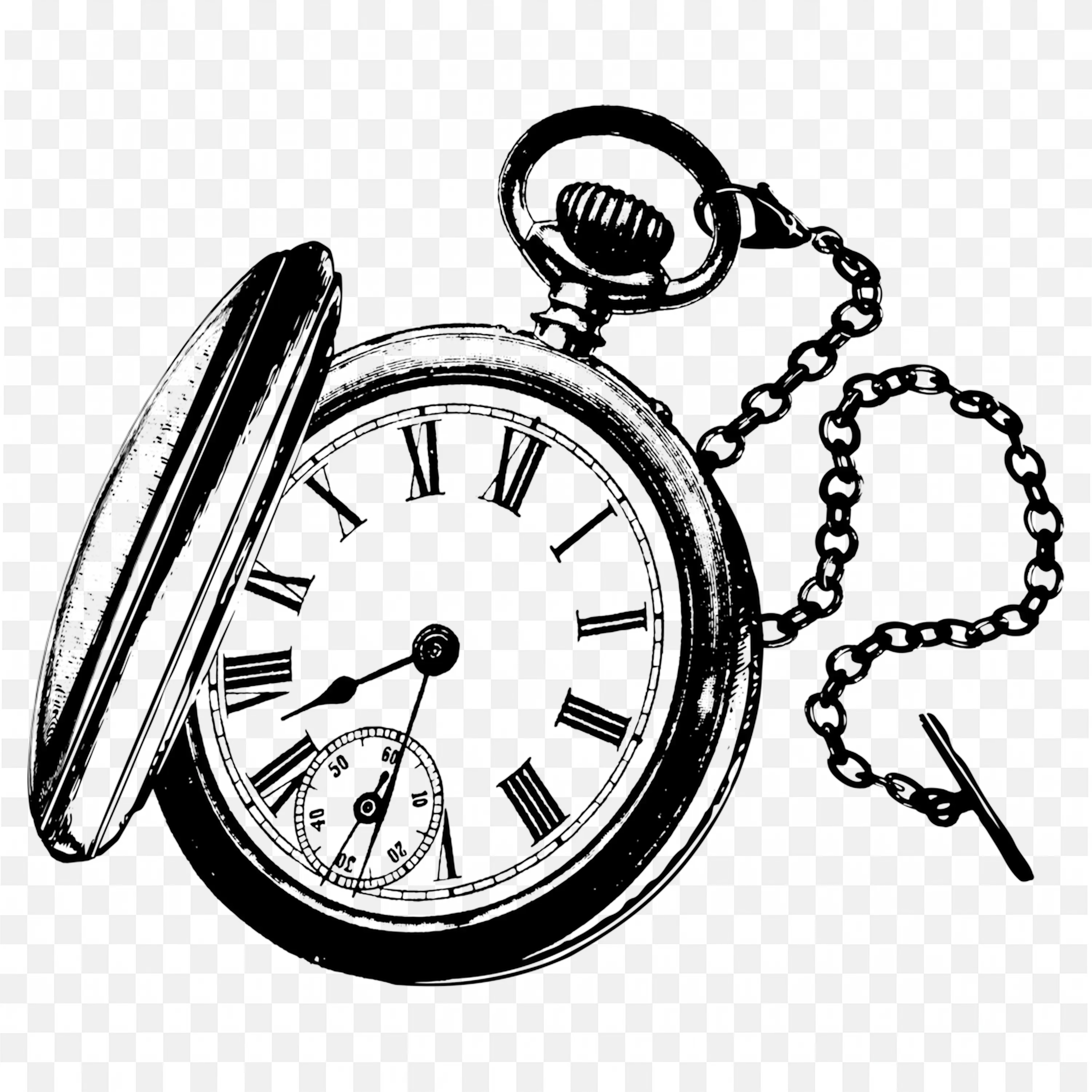 Black Pocket Watch with Open Lid and Chain Attached PNG