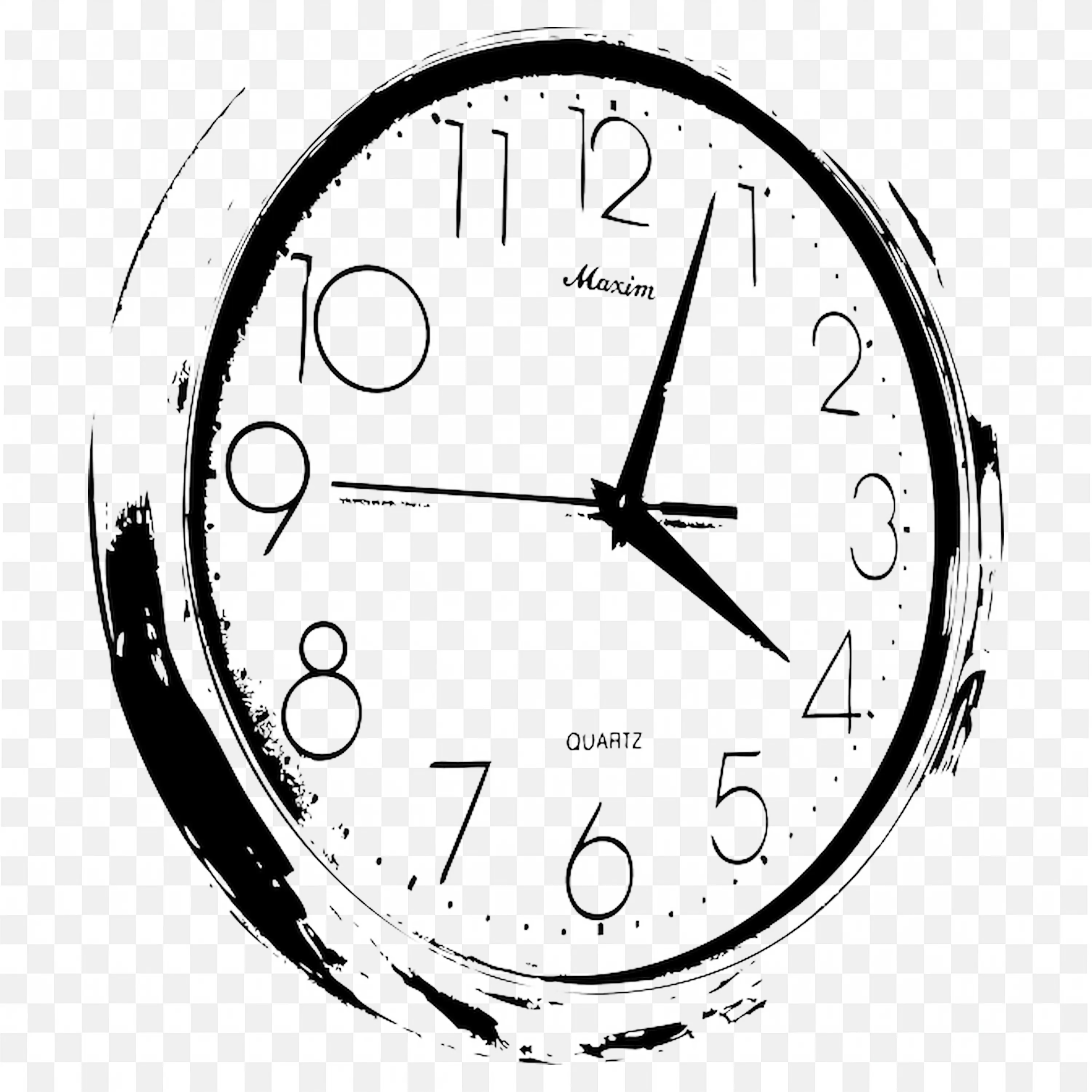 Black and White Clock with Artistic Brush Marks PNG Image