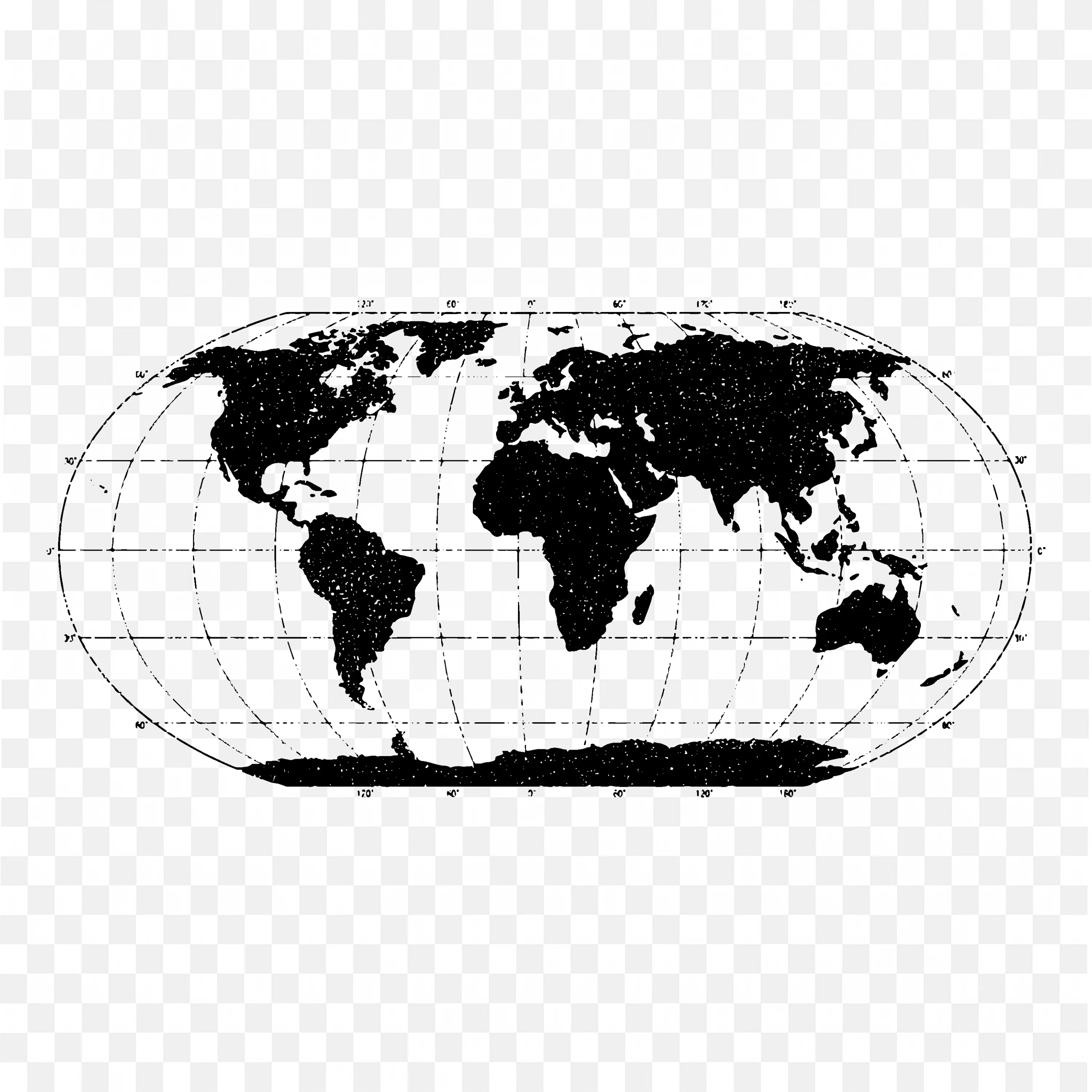 Black and White World Map with Country Outlines Free PNG