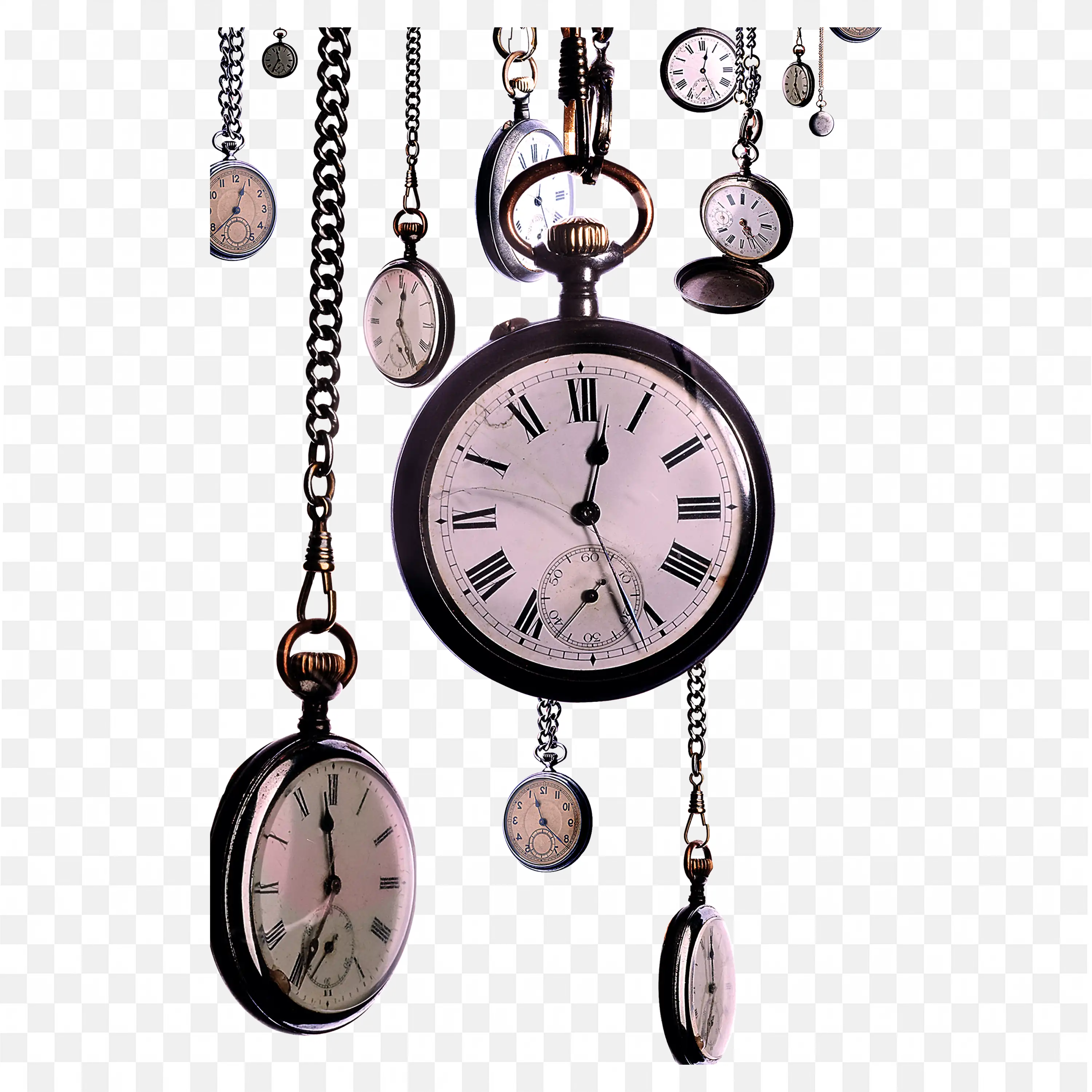 Multiple Hanging Pocket Watches In Various Sizes Free PNG