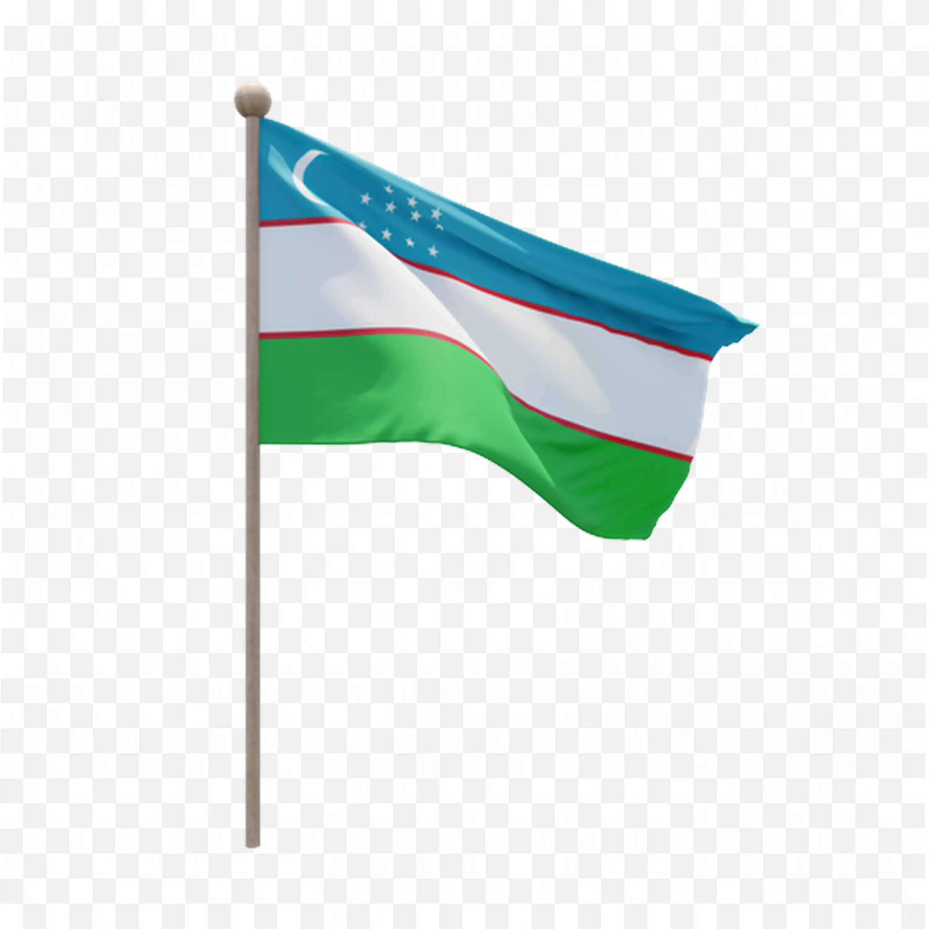 Uzbekistan Flag on Pole with Blue White and Green Bands PNG