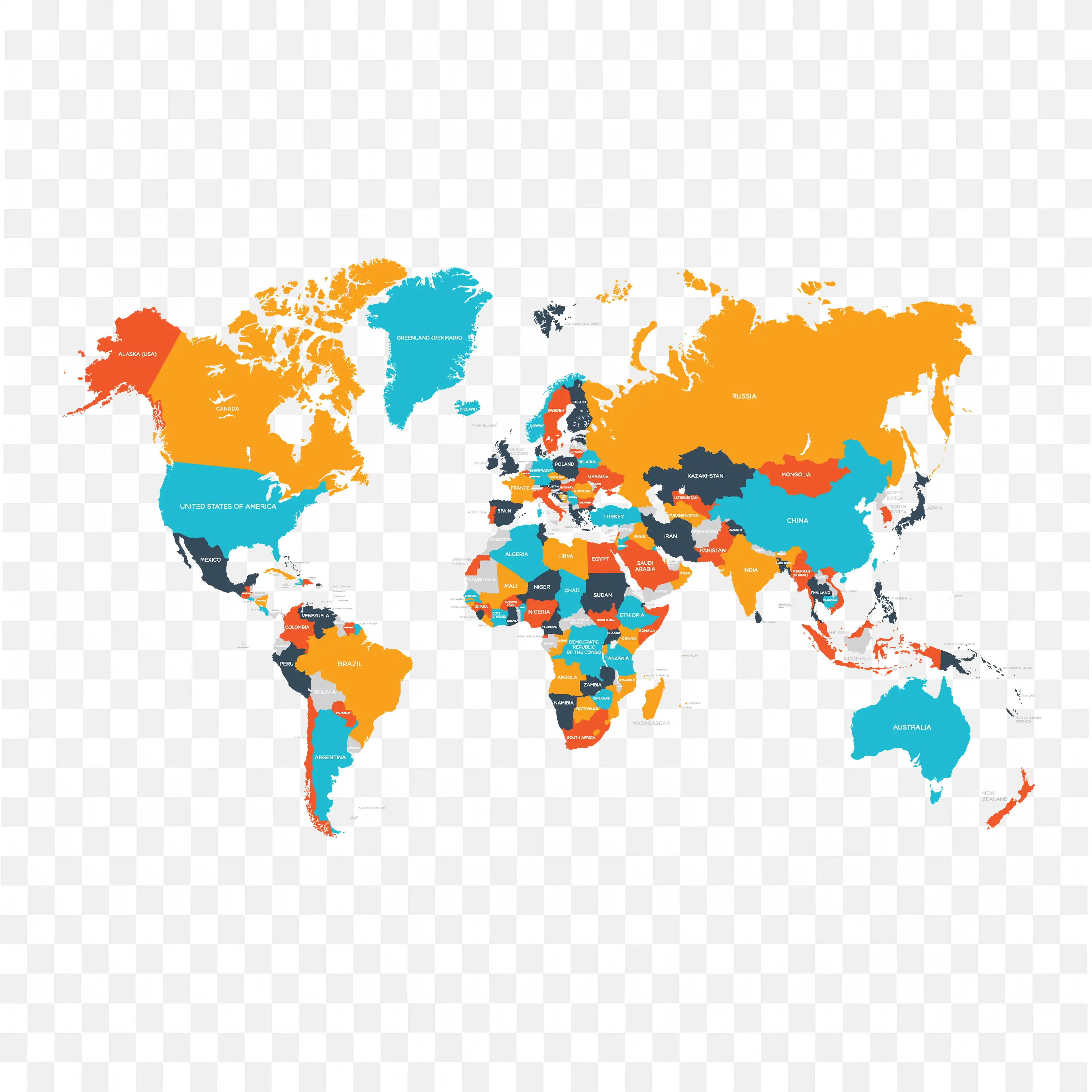 World Map with Countries Labeled In Colours and Names PNG