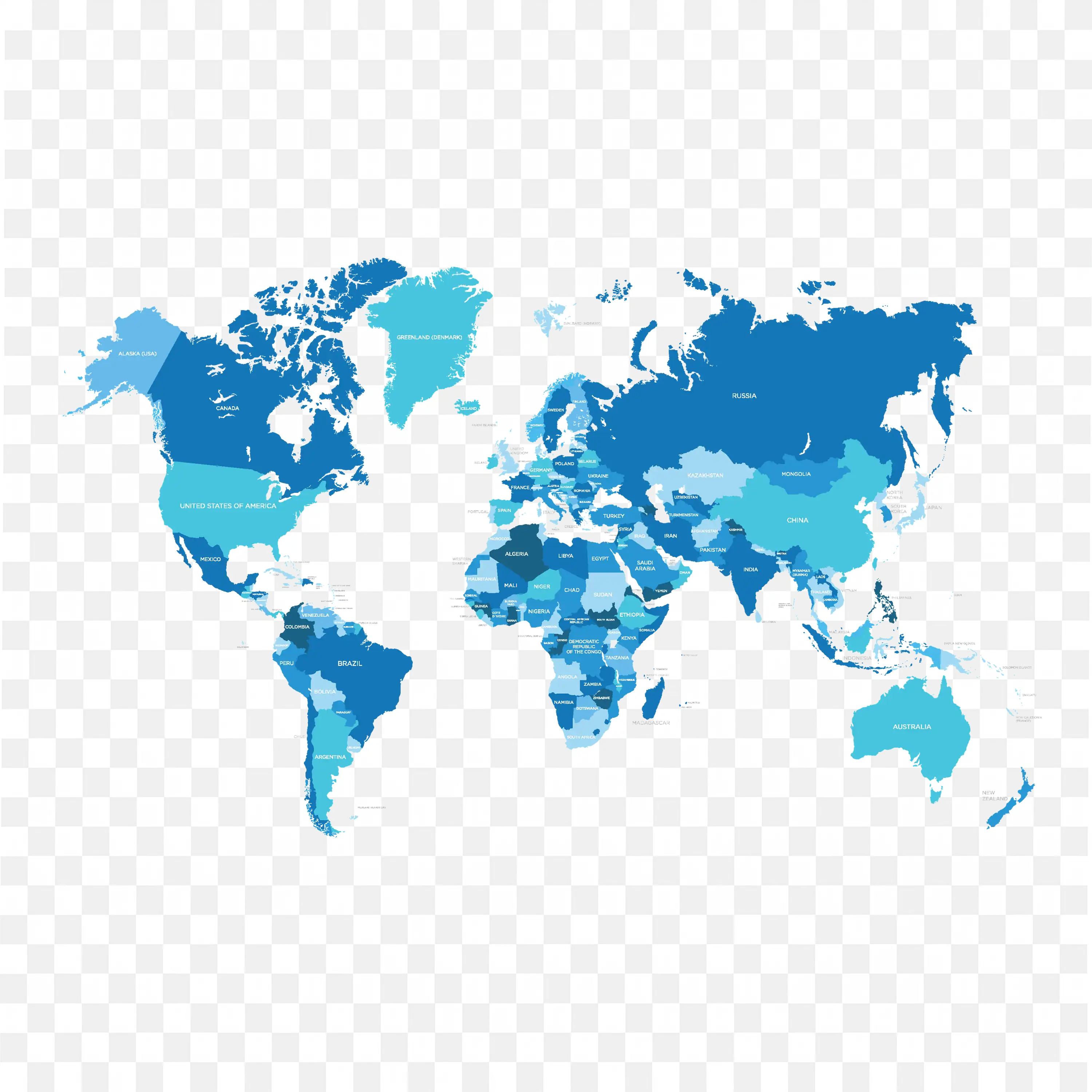 World Map with Country Names and Borders In Blue Shades PNG