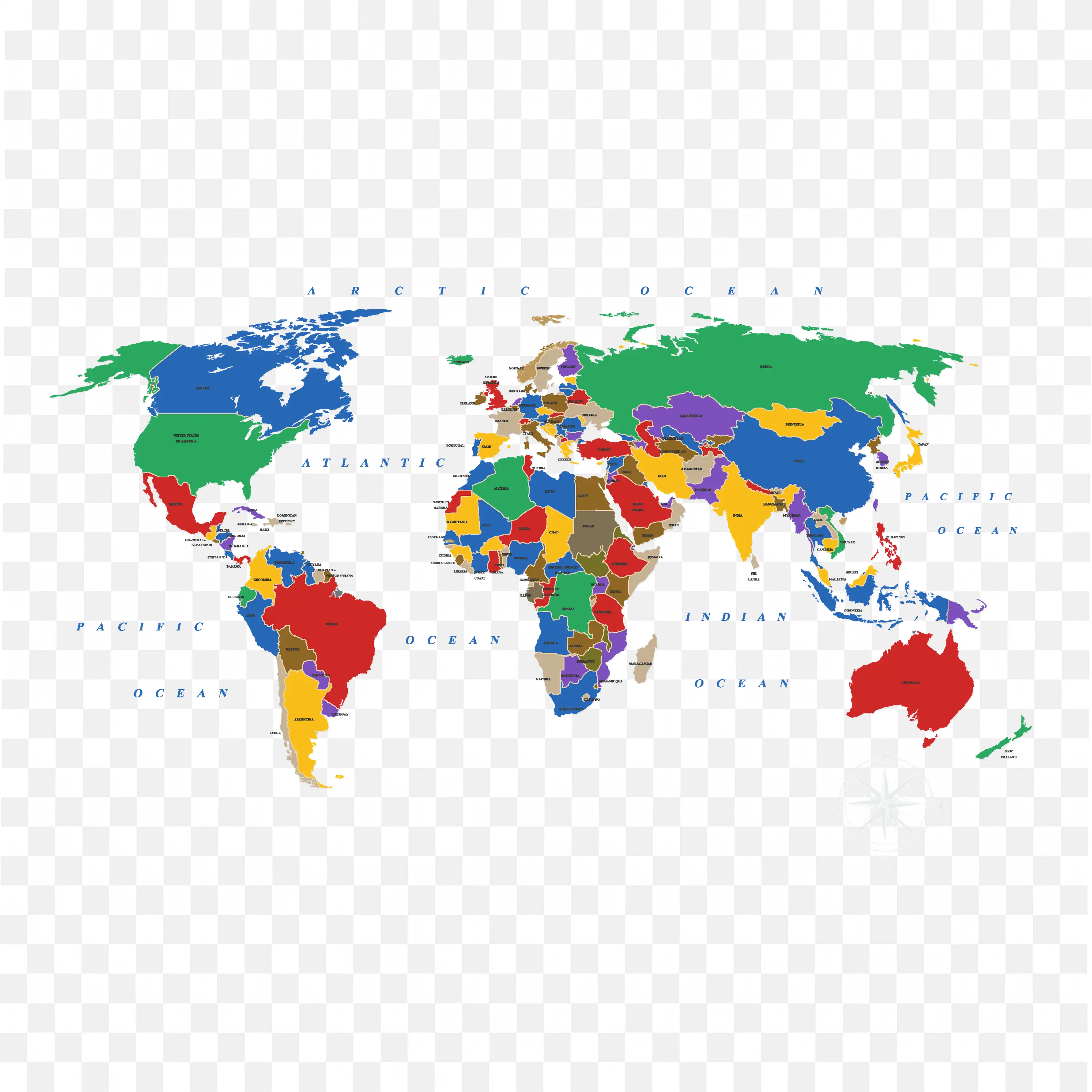 World Map Showing Countries with Borders and Oceans PNG