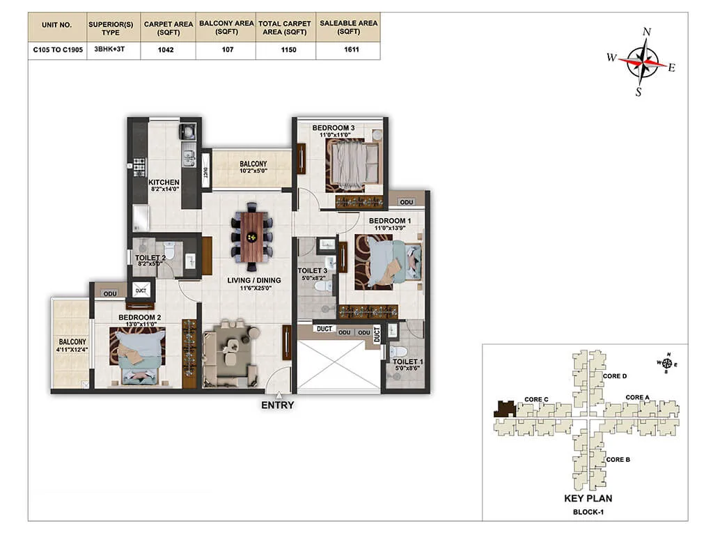 3 BHK + 3 T