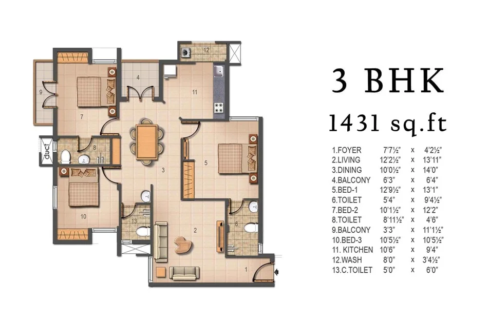 3 BHK + 3 T