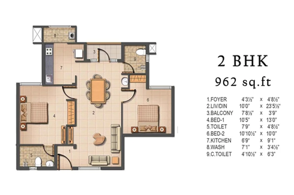 2 BHK + 2 T