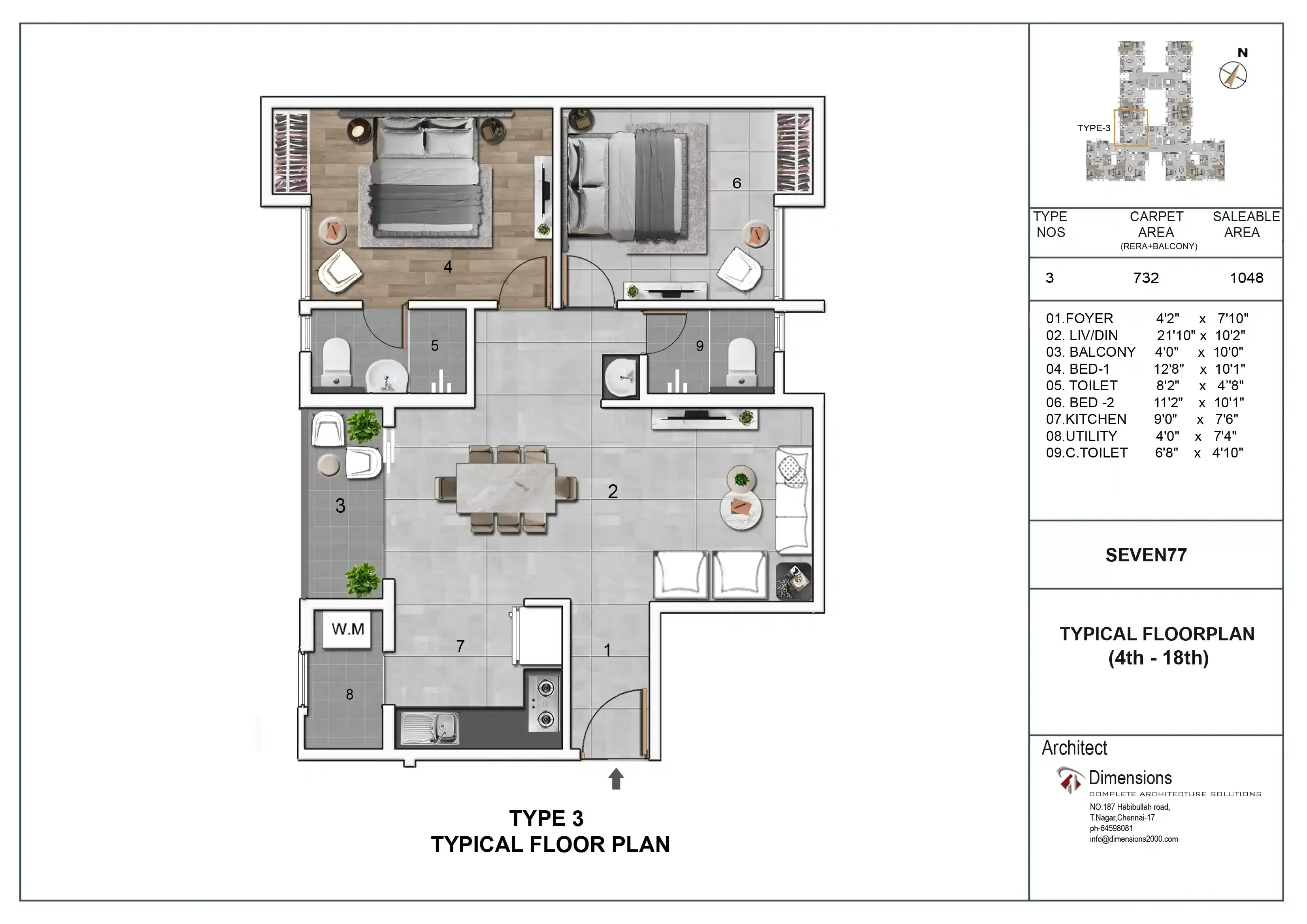 3 BHK + 3 T