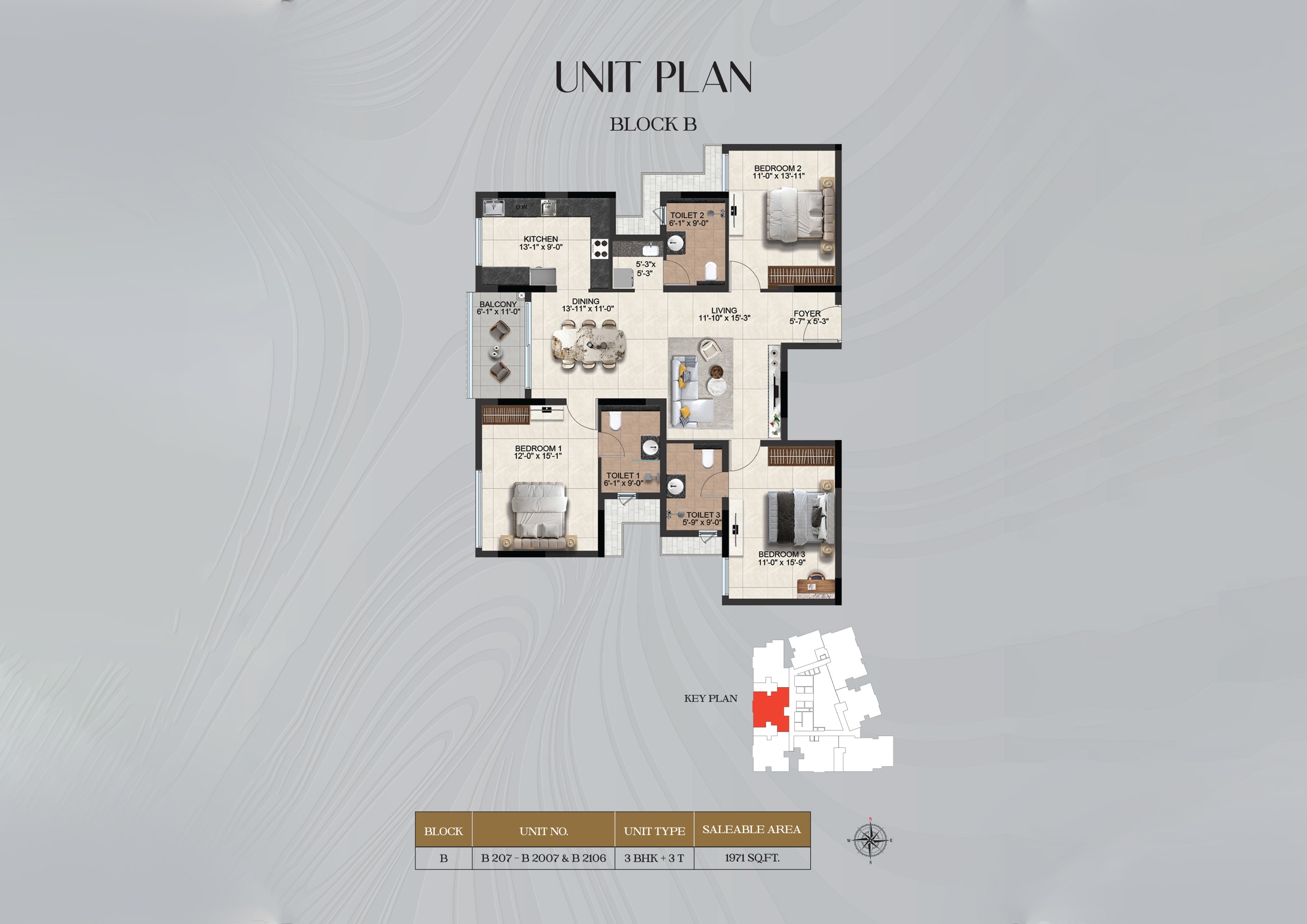 3 BHK + 3 T