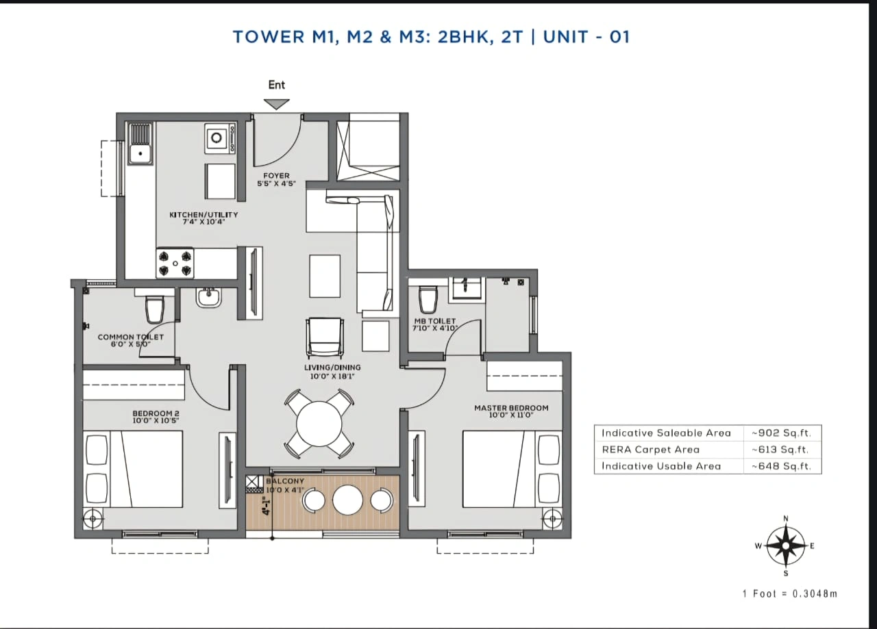 Tower M1, M2, M3 - 2BHK 2 Bathroom Plan