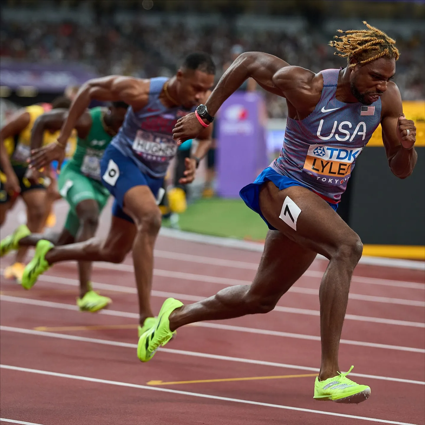 Noah Lyles Sprinting at Full Speed in Race