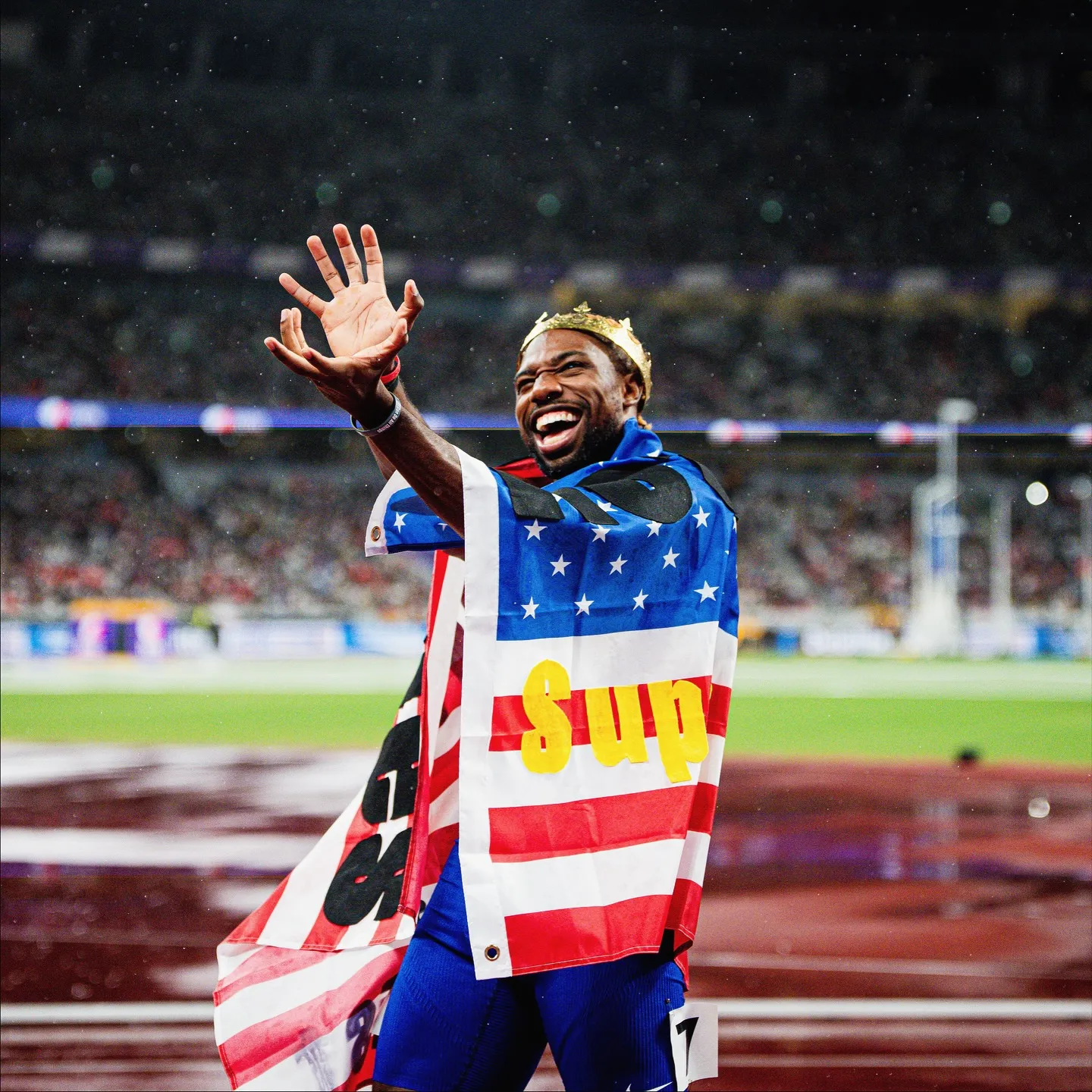 Noah Lyles Waves to Crowd After Race Win