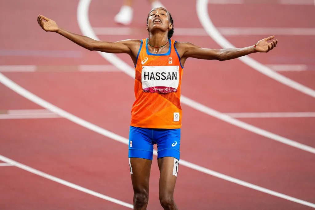 Sifan Hassan preparing for race on athletics track in competition