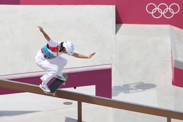 Nishiya Performing Trick on Olympic Skate Park