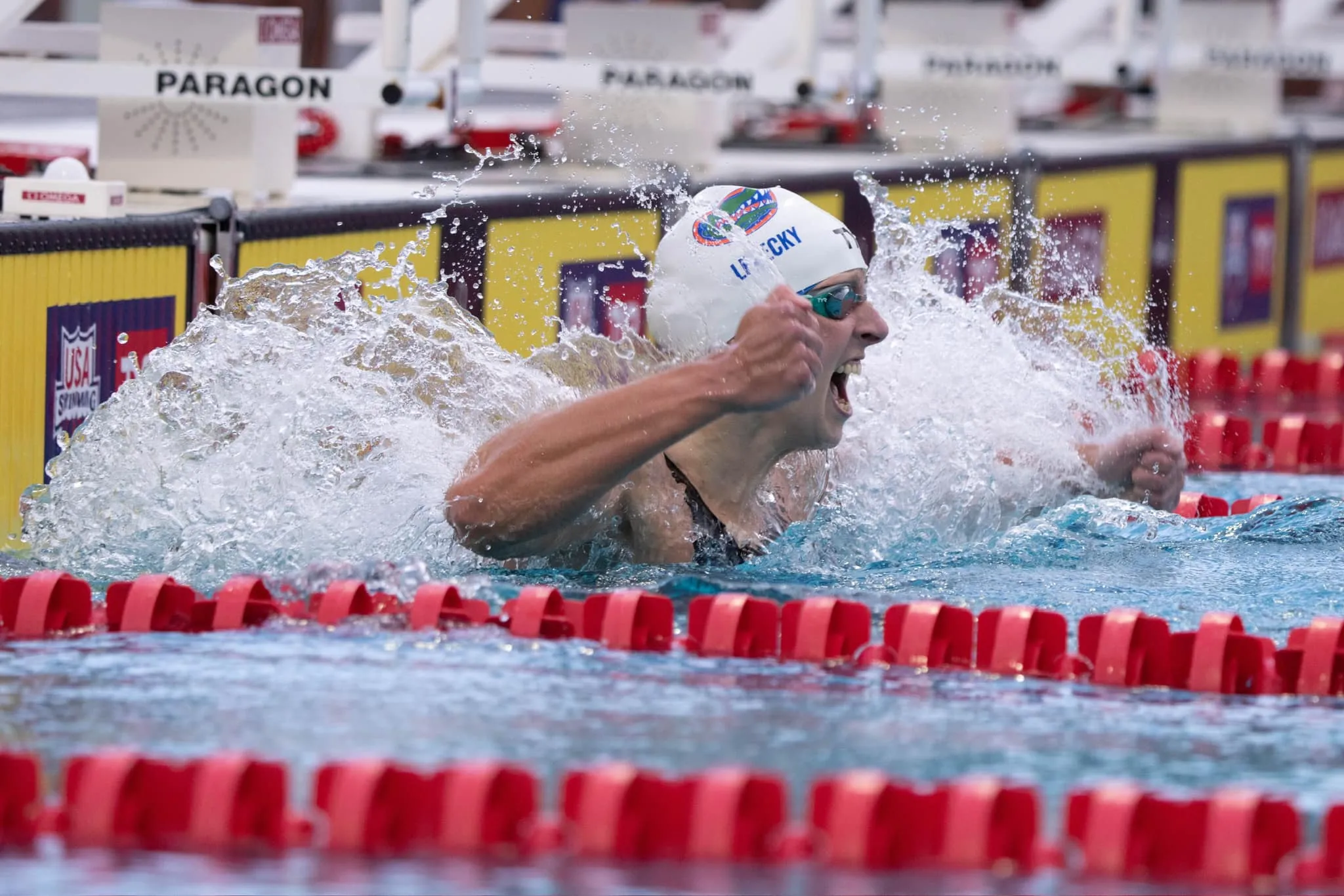 Katie Ledecky Competing in Swimming Race with Power and Focus