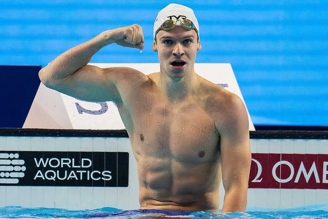 Leon Marchand Celebrating Victory After Competitive Swimming Race