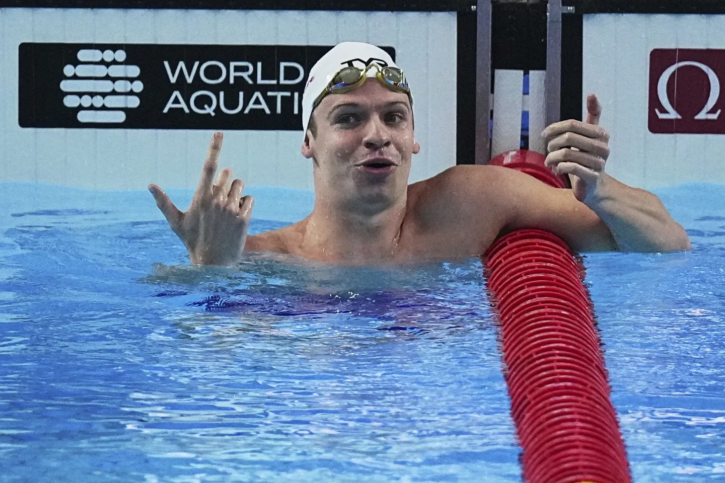Leon Marchand Reaches Finish Line in Competitive Swimming Event
