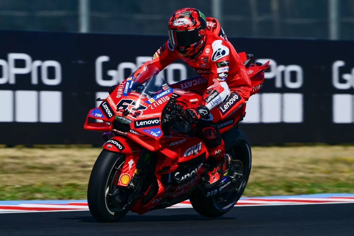 Francesco Bagnaia racing on the Ducati at full throttle
