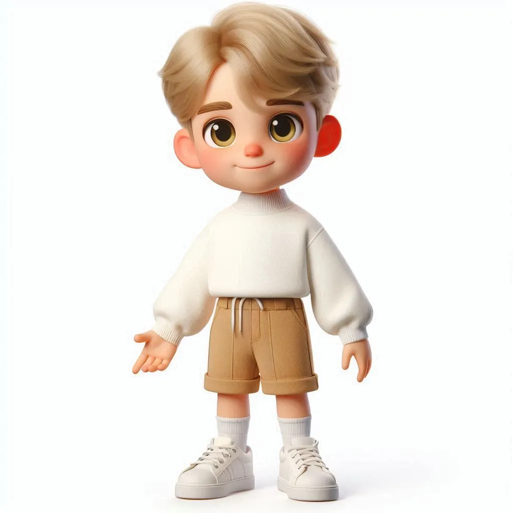 3D Blonde Boy in a Cream Sweater and Shorts Standing Cute