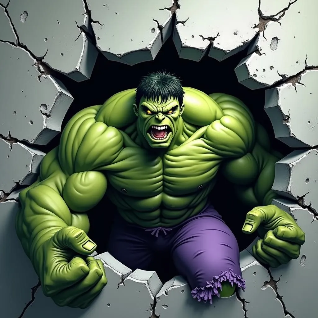 3D Strong Superhero Hulk Breaking Through Concrete Wall