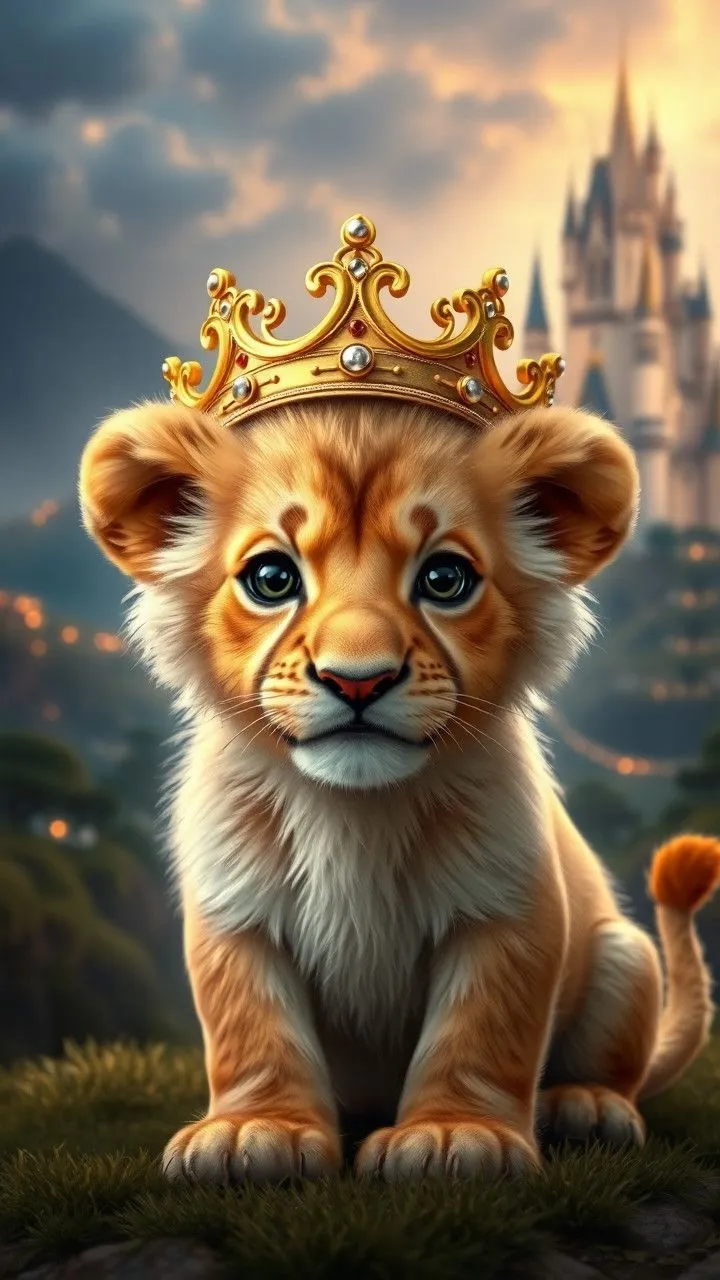 Adorable Lion Cub Wearing a Crown in a Fantasy World Image