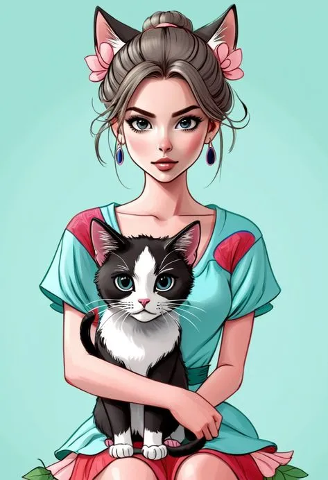 Anime Girl Holding a Black and White Cat on Her Lap Image