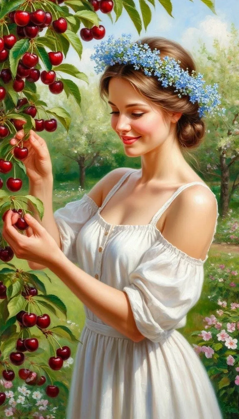 Beautiful Girl Picking Cherries in Sunny Garden Setting