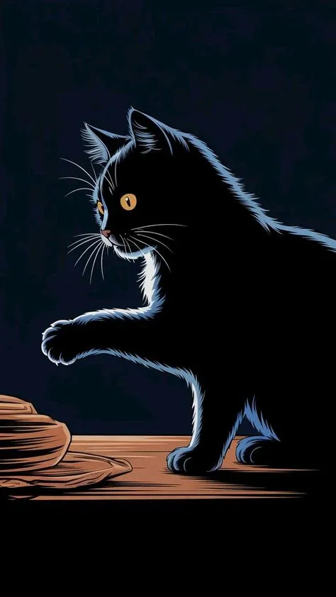 Black Cat Staring Curiously Under Moonlight on Wooden Floor