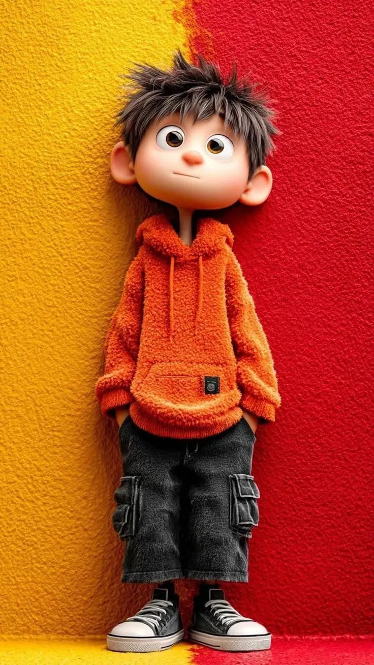 Boy in an Orange Hoodie Standing Against a Colourful Wall