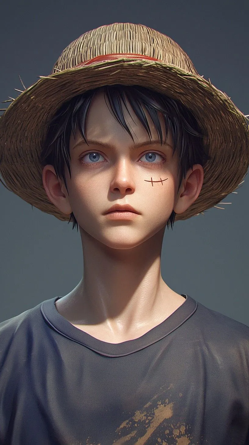 Boy in Straw Hat with Dirt on Face Looking Slightly Serious