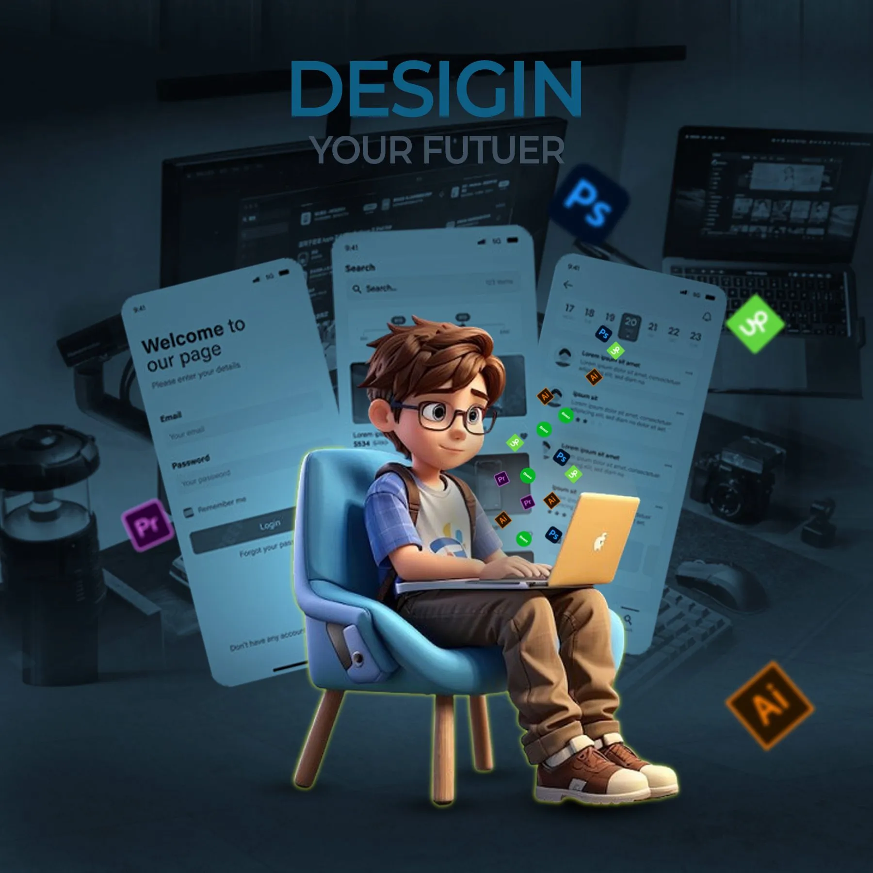 Boy Is Designing Apps on a Laptop in a Futuristic Workspace