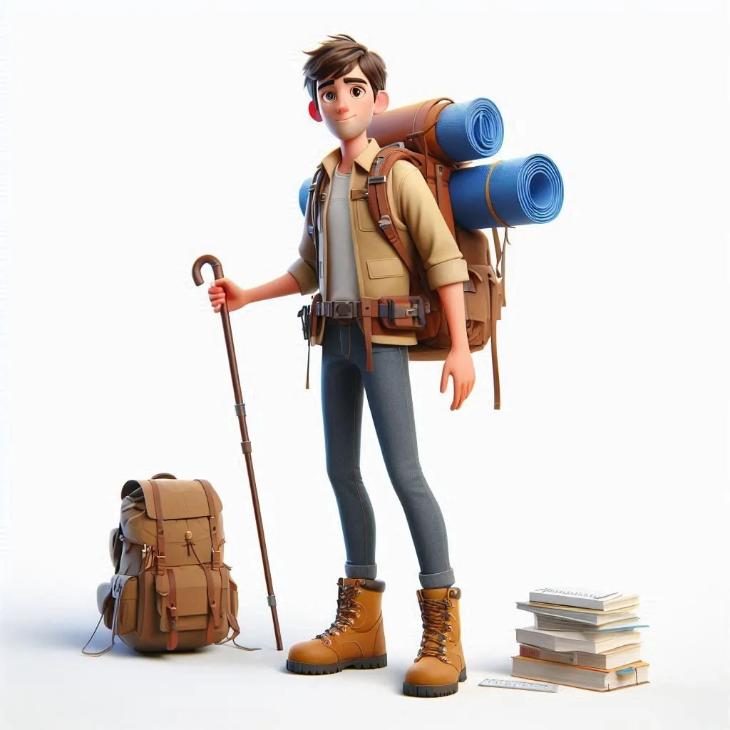 Boy Scout with Backpack Holding a Stick Next To Travel Books