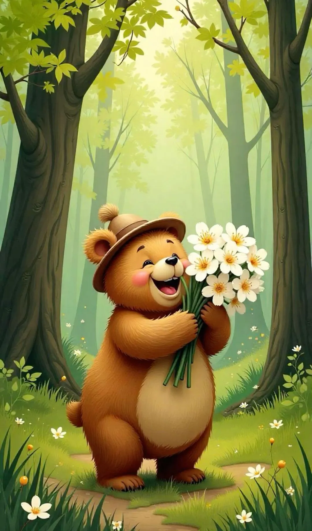 Cartoon Bear Holding White Daisies in Sunny Forest Wallpaper