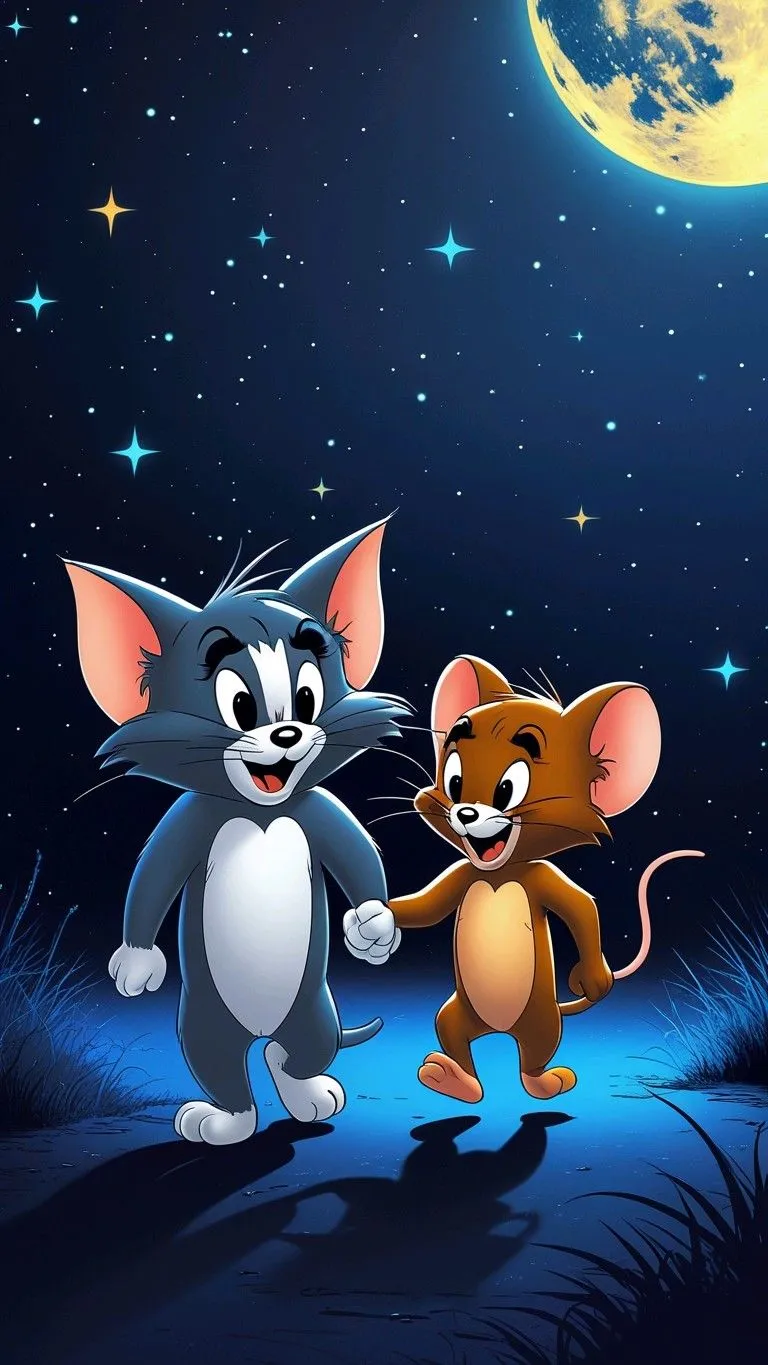 Cartoon Tom and Jerry Smiling Together Under Starry Sky