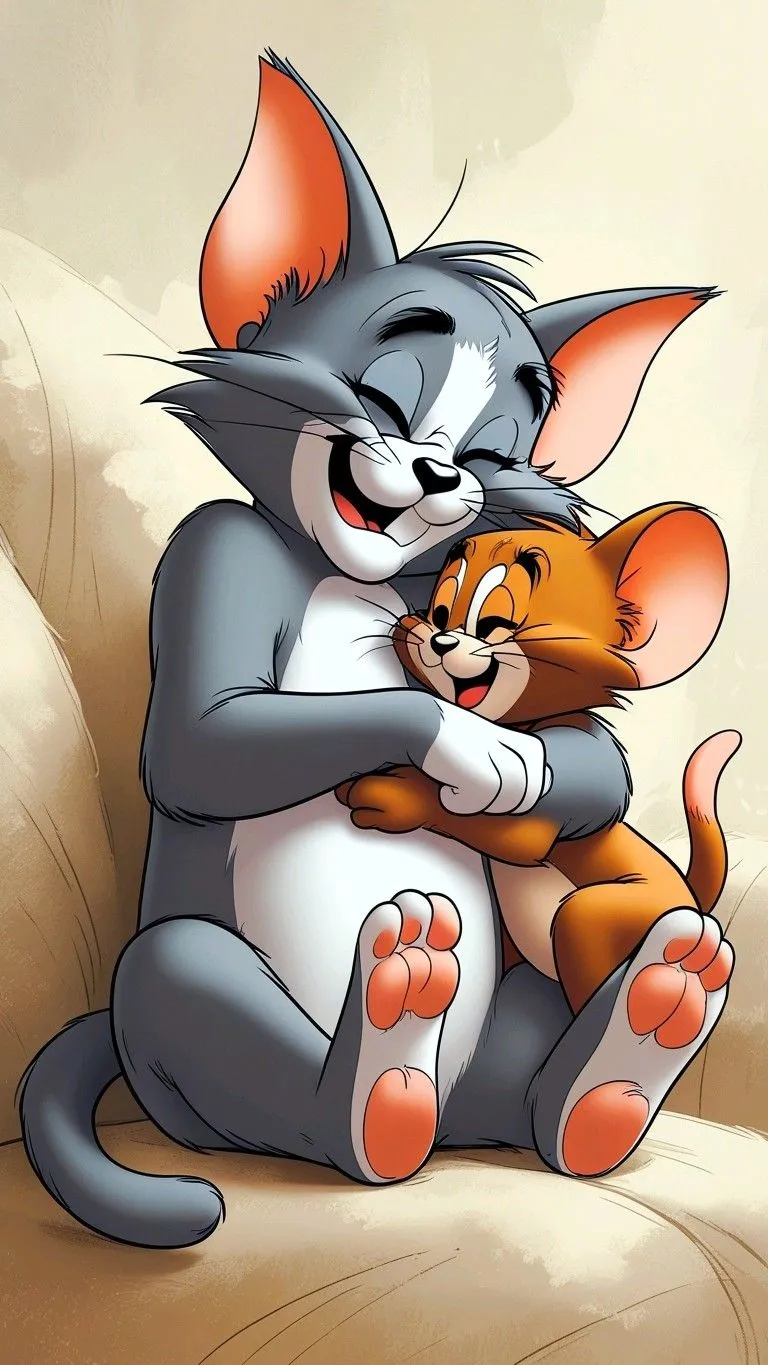 Cartoon Tom Hugging Jerry Sitting and Hugging Warmly Image