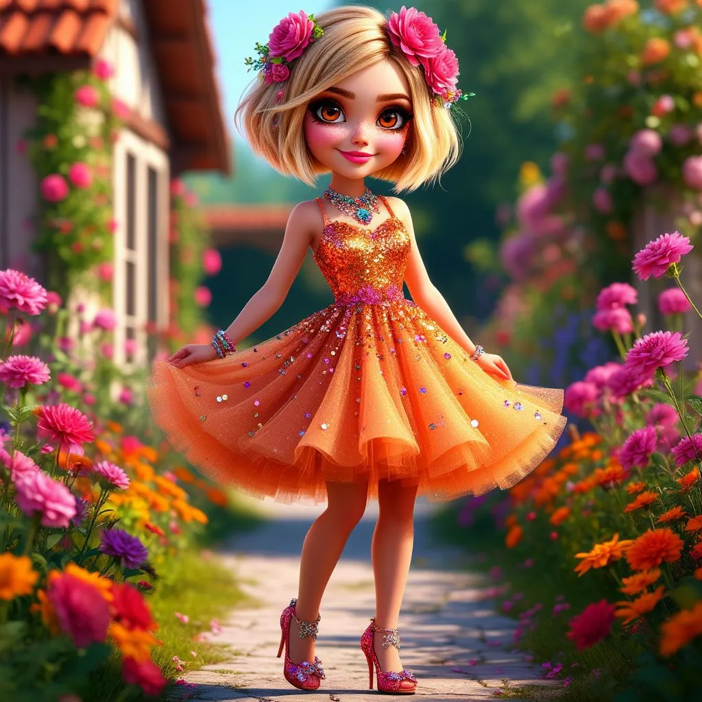 Cheerful Girl in Orange Dress Walking Through Garden Image